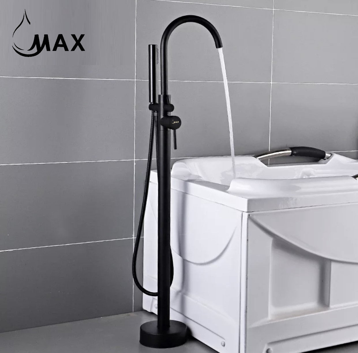 MAX Faucets Canada, Tub Filler Faucet Single Handle Floor Mount With Rough-In And Handheld Matte Black Finish