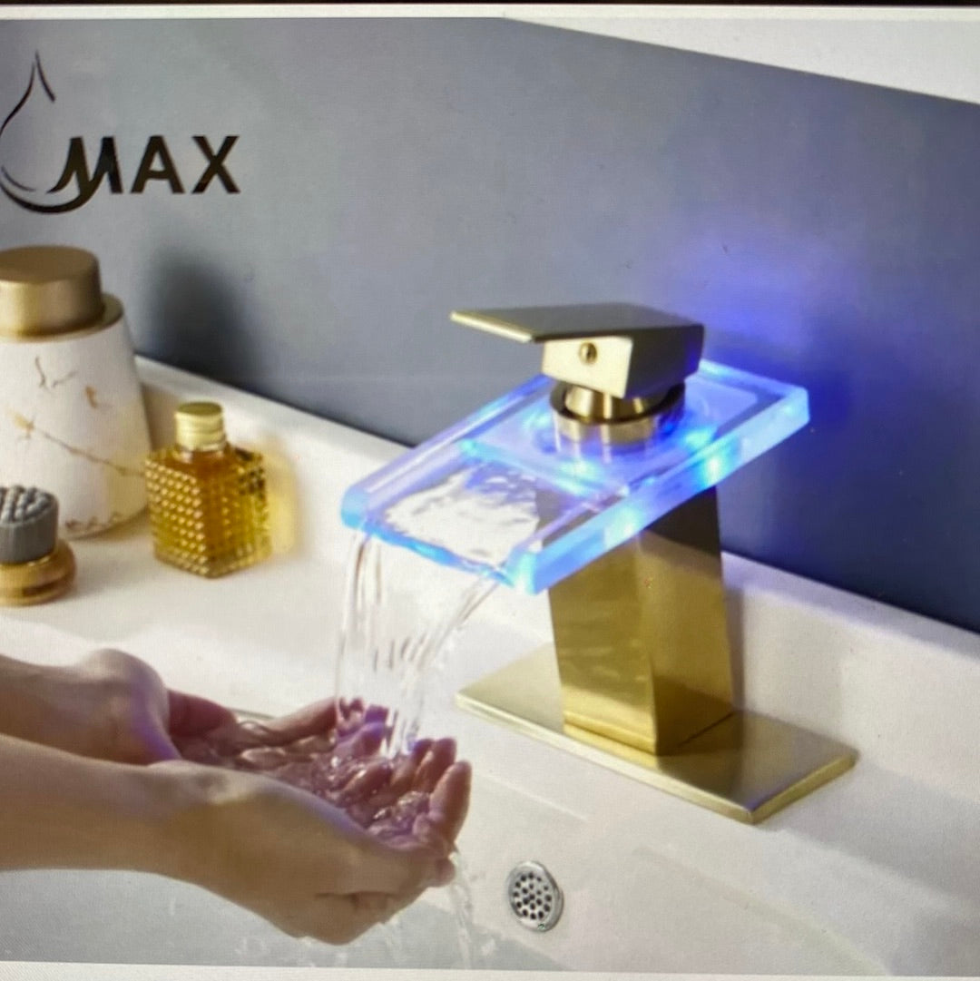 MAX Faucets Canada, Waterfall Bathroom Faucet Single Handle With LED Light Brushed Gold,Glass Finish