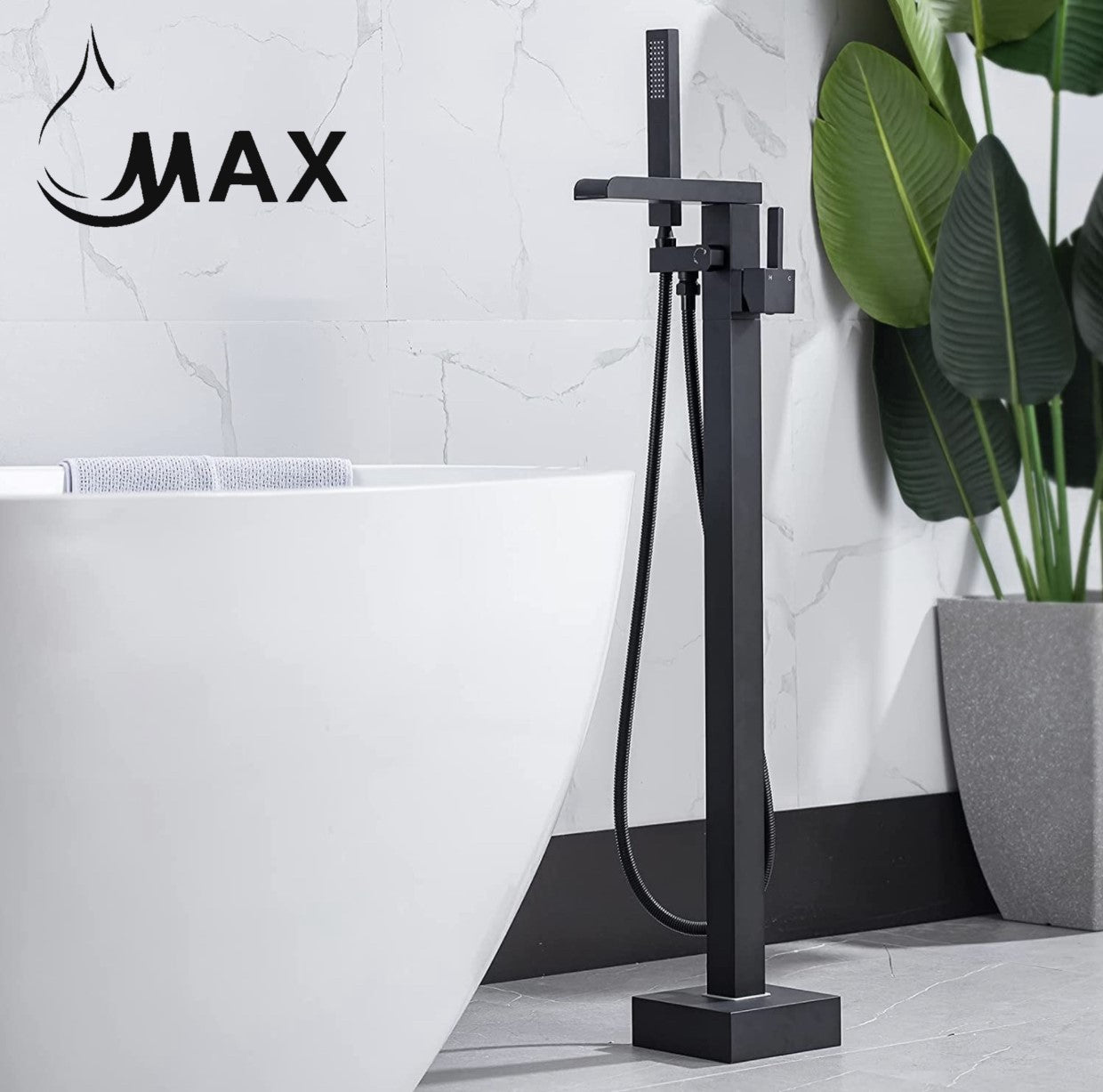 MAX Faucets Canada, Waterfall Tub Filler Faucet Single Handle Floor Mount With Rough-In And Handheld Matte Black Finish