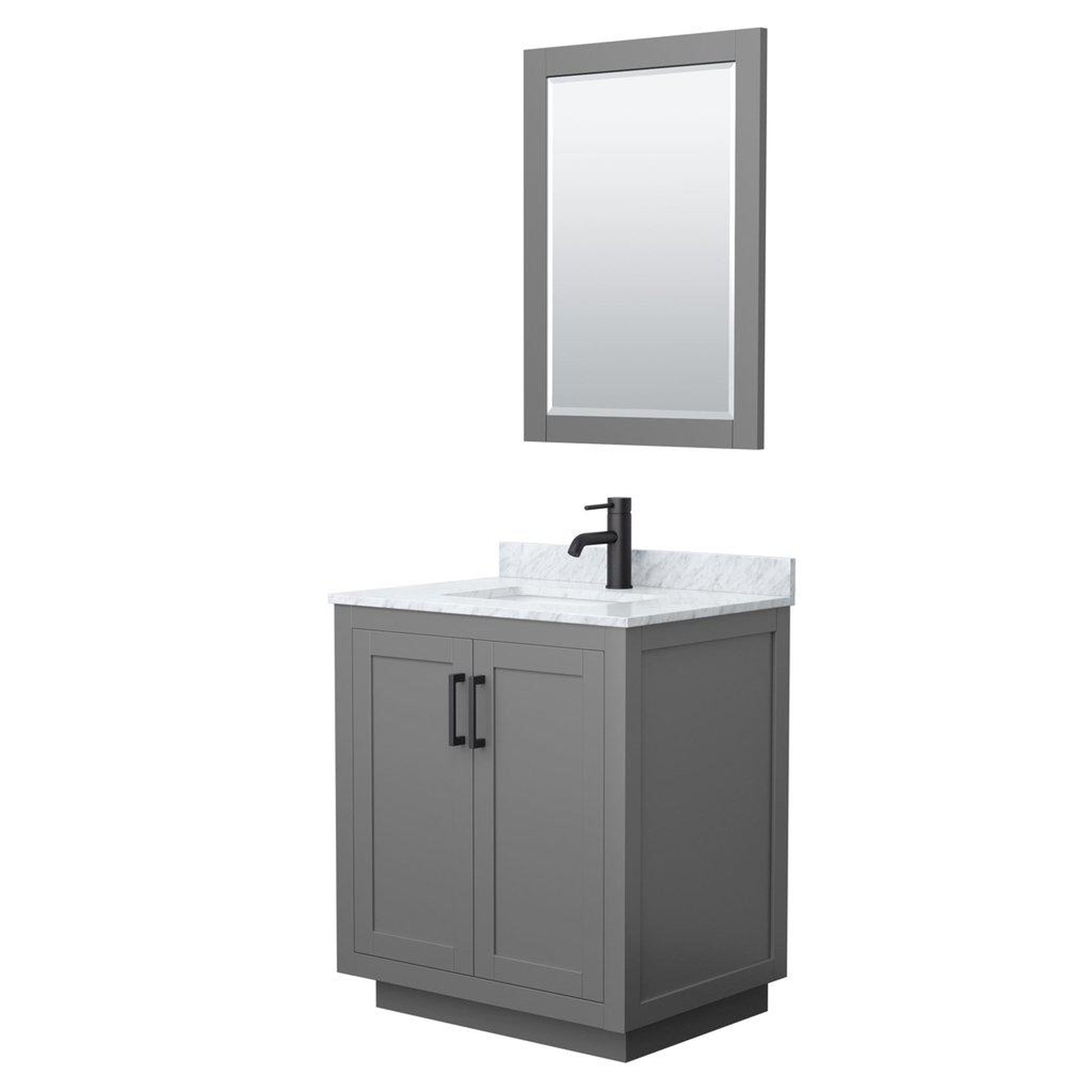 Wyndham Collection, Wyndham Collection Miranda 30" Single Bathroom Dark Gray Vanity Set With White Carrara Marble Countertop, Undermount Square Sink, 24" Mirror And Matte Black Trim