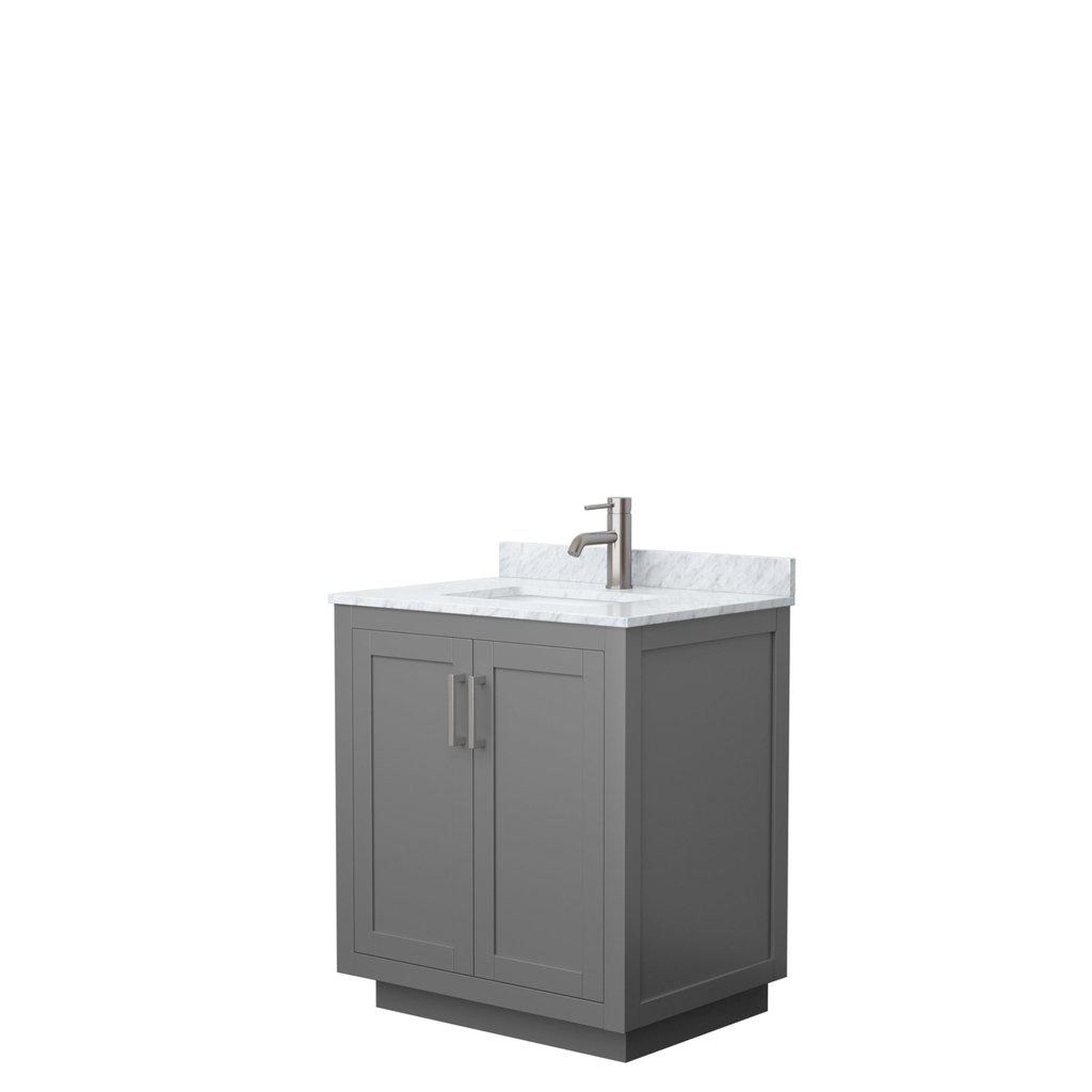 Wyndham Collection, Wyndham Collection Miranda 30" Single Bathroom Dark Gray Vanity Set With White Carrara Marble Countertop, Undermount Square Sink, And Brushed Nickel Trim