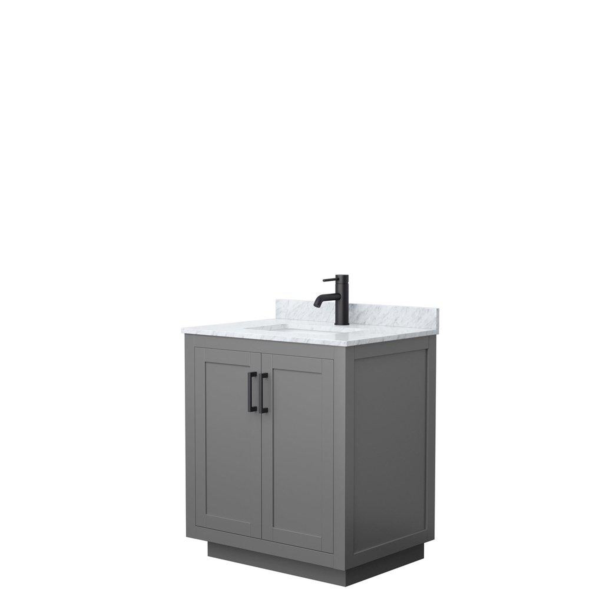 Wyndham Collection, Wyndham Collection Miranda 30" Single Bathroom Dark Gray Vanity Set With White Carrara Marble Countertop, Undermount Square Sink, And Matte Black Trim