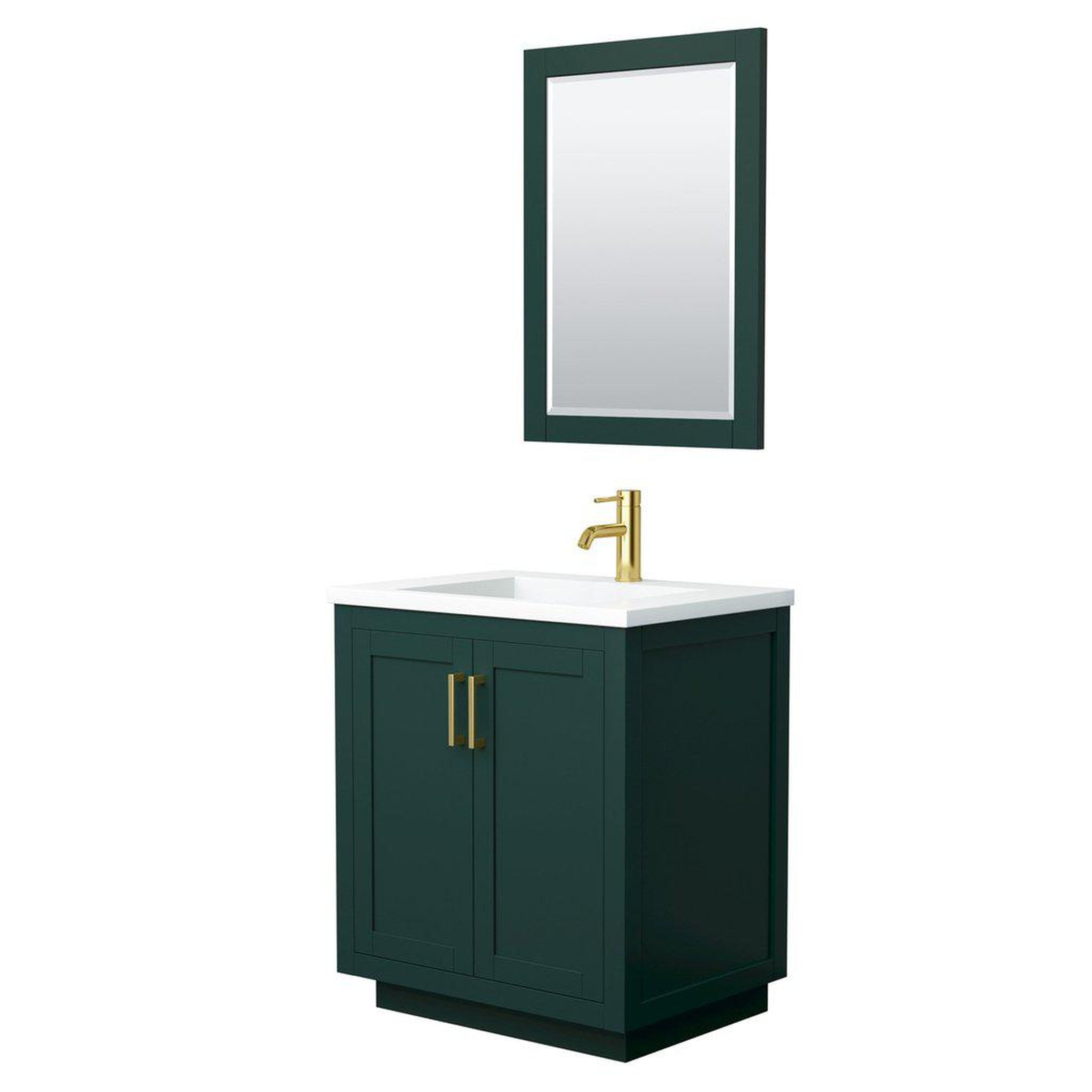 Wyndham Collection, Wyndham Collection Miranda 30" Single Bathroom Green Vanity Set With 1.25" Thick Matte White Solid Surface Countertop, Integrated Sink, 24" Mirror And Brushed Gold Trim