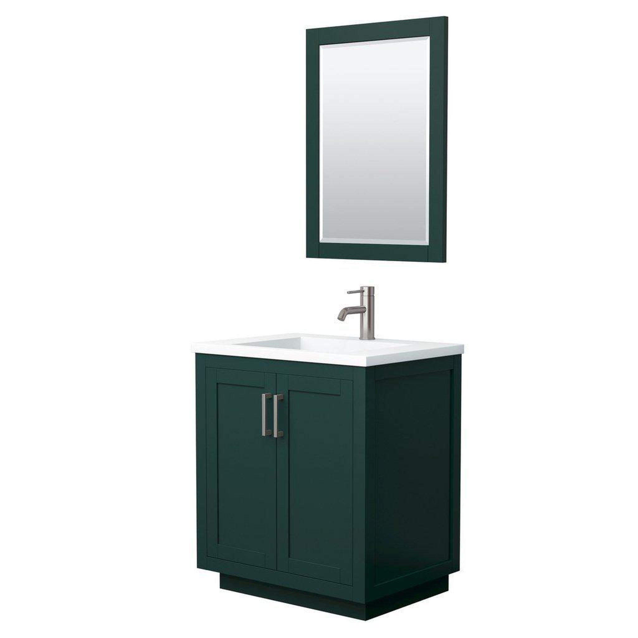 Wyndham Collection, Wyndham Collection Miranda 30" Single Bathroom Green Vanity Set With 1.25" Thick Matte White Solid Surface Countertop, Integrated Sink, 24" Mirror And Brushed Nickel Trim