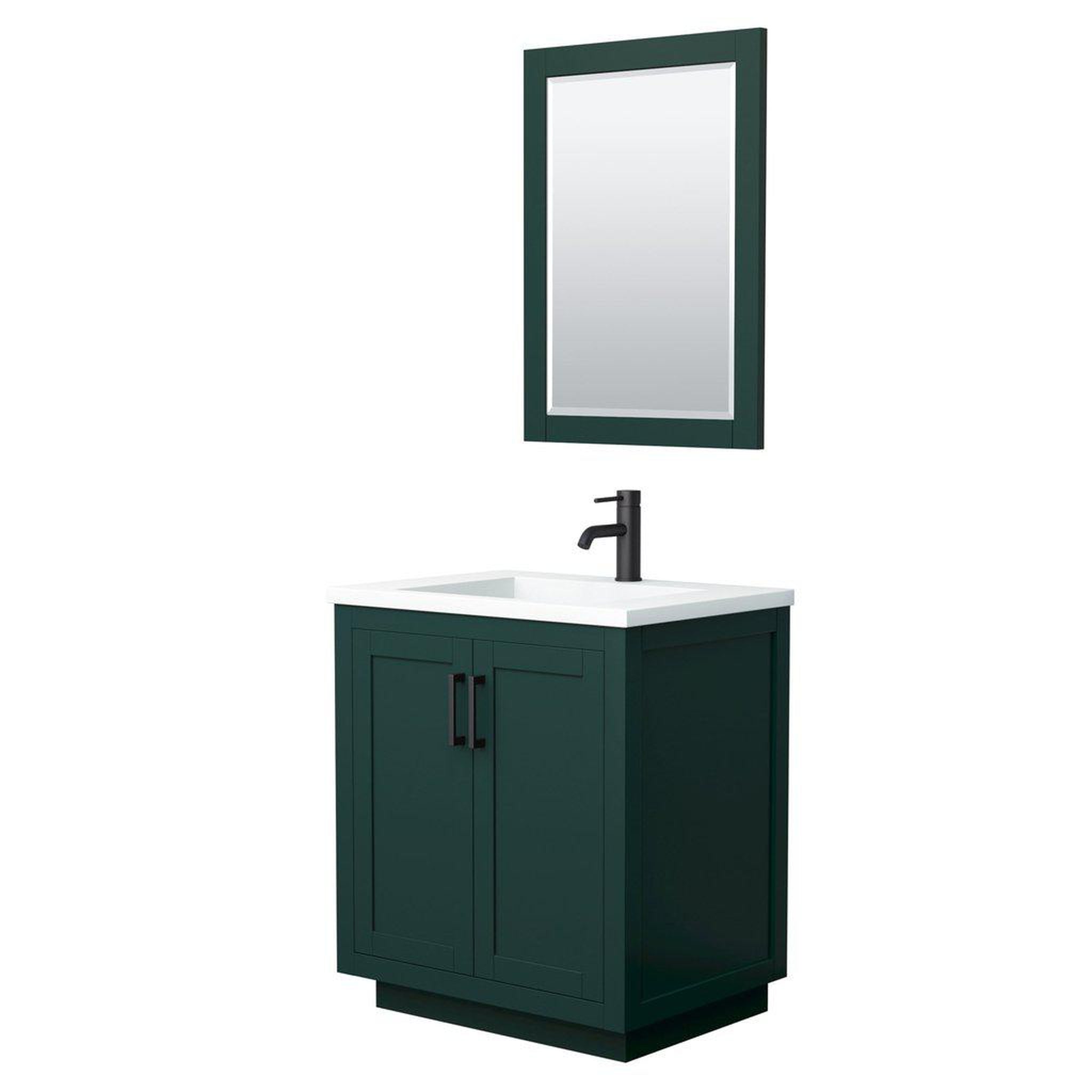 Wyndham Collection, Wyndham Collection Miranda 30" Single Bathroom Green Vanity Set With 1.25" Thick Matte White Solid Surface Countertop, Integrated Sink, 24" Mirror And Matte Black Trim