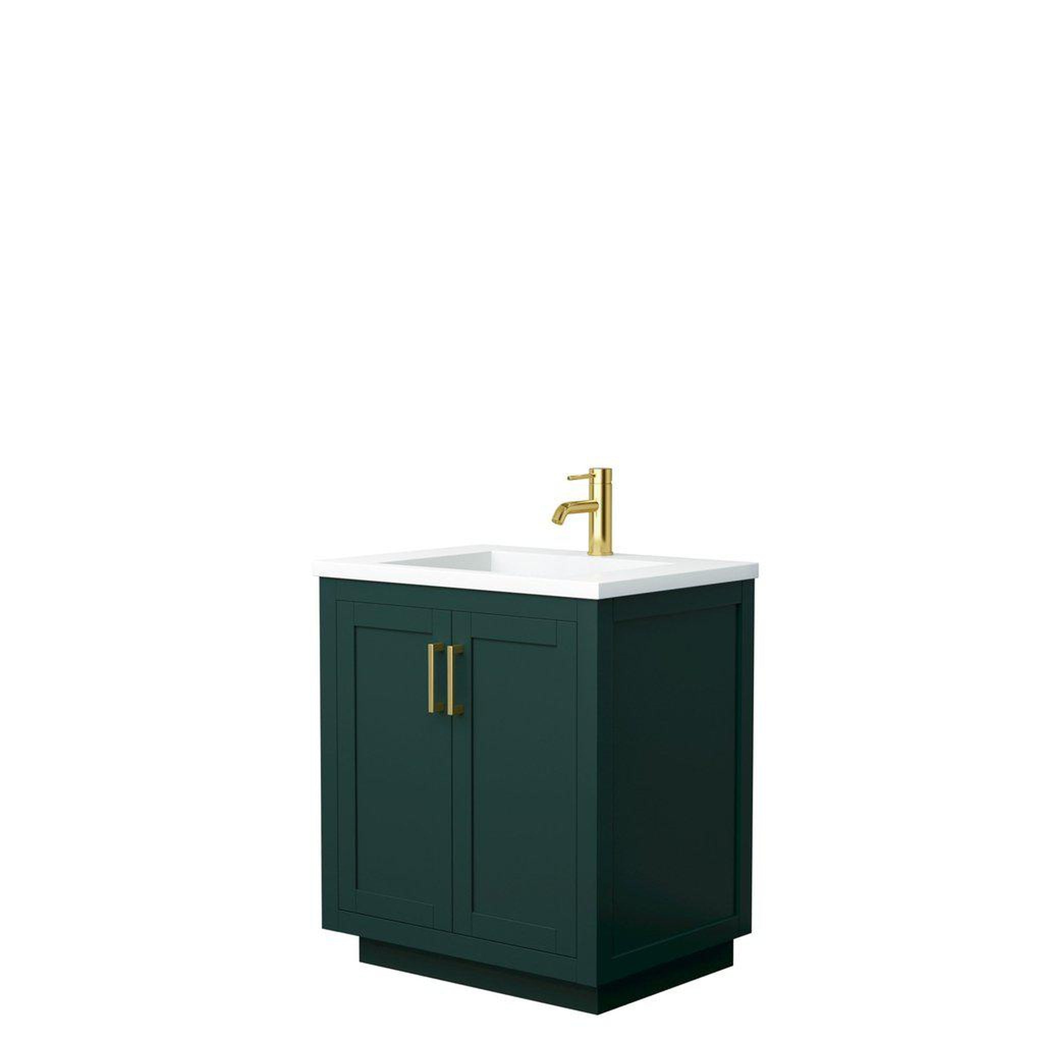 Wyndham Collection, Wyndham Collection Miranda 30" Single Bathroom Green Vanity Set With 1.25" Thick Matte White Solid Surface Countertop, Integrated Sink, And Brushed Gold Trim