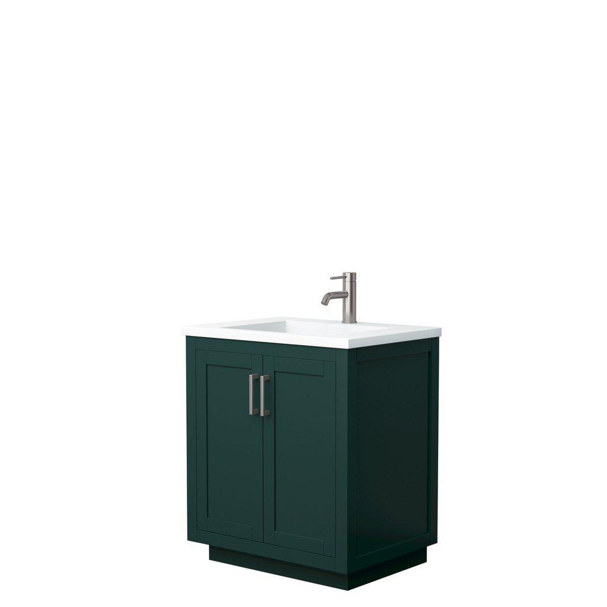 Wyndham Collection, Wyndham Collection Miranda 30" Single Bathroom Green Vanity Set With 1.25" Thick Matte White Solid Surface Countertop, Integrated Sink, And Brushed Nickel Trim