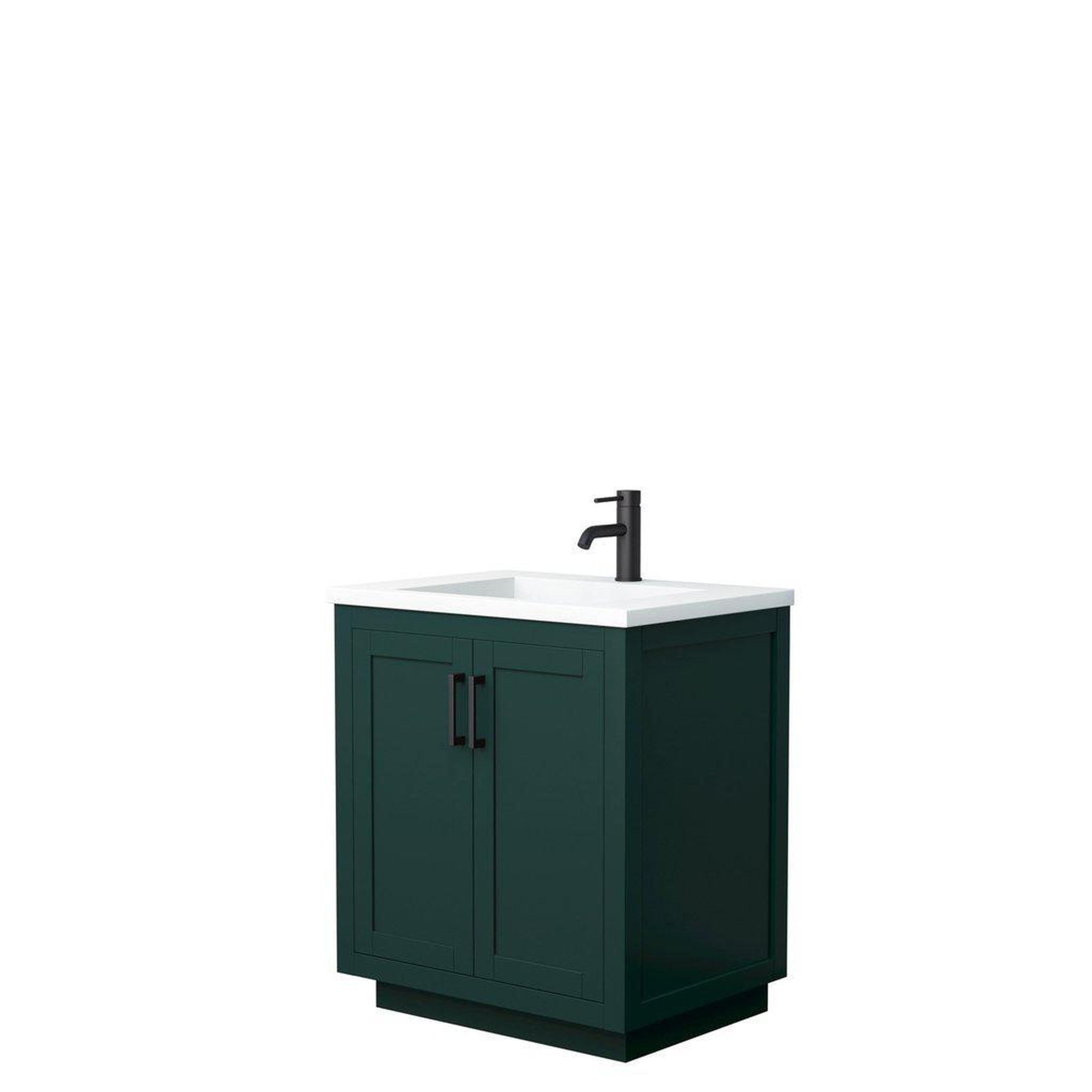 Wyndham Collection, Wyndham Collection Miranda 30" Single Bathroom Green Vanity Set With 1.25" Thick Matte White Solid Surface Countertop, Integrated Sink, And Matte Black Trim