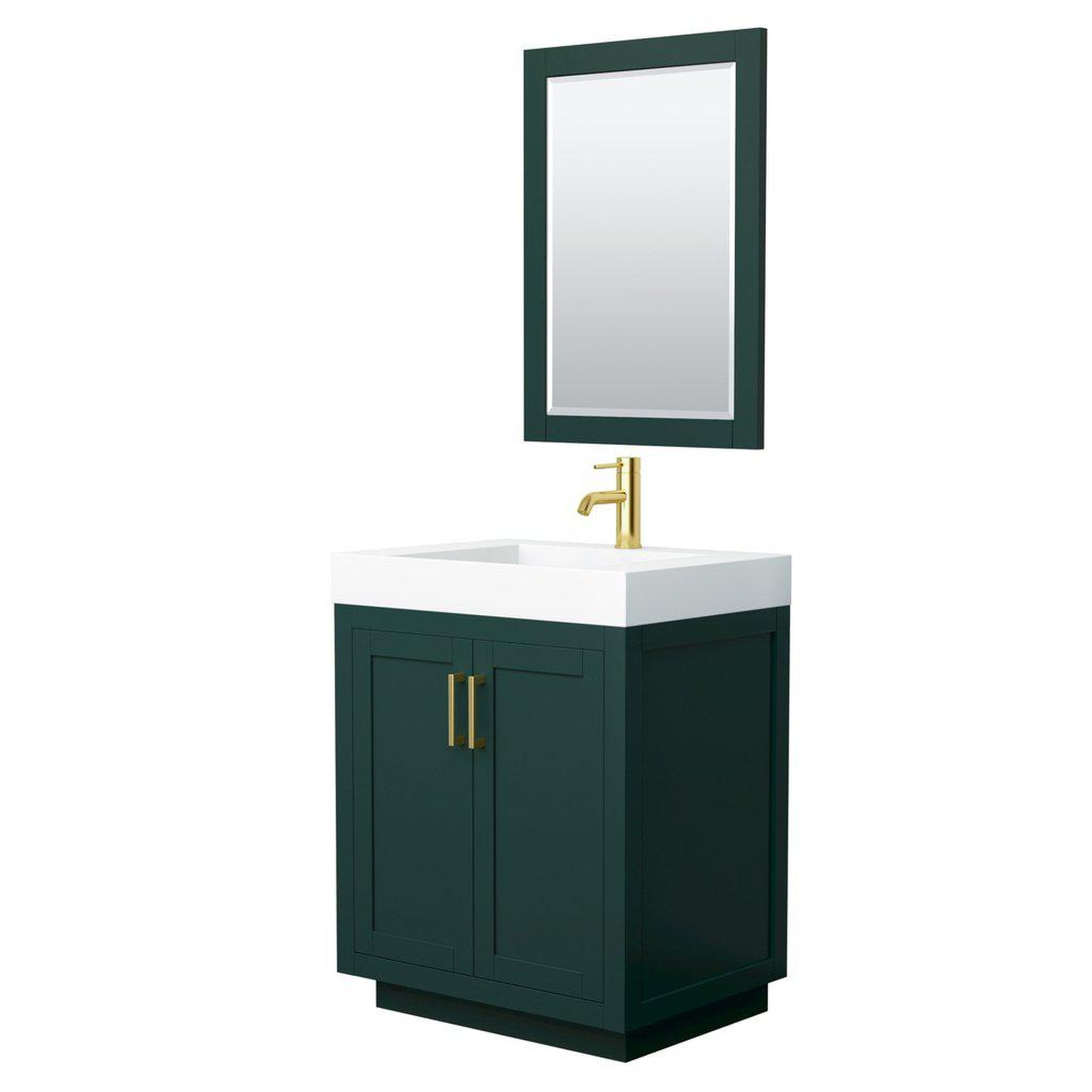 Wyndham Collection, Wyndham Collection Miranda 30" Single Bathroom Green Vanity Set With 4" Thick Matte White Solid Surface Countertop, Integrated Sink, 24" Mirror And Brushed Gold Trim