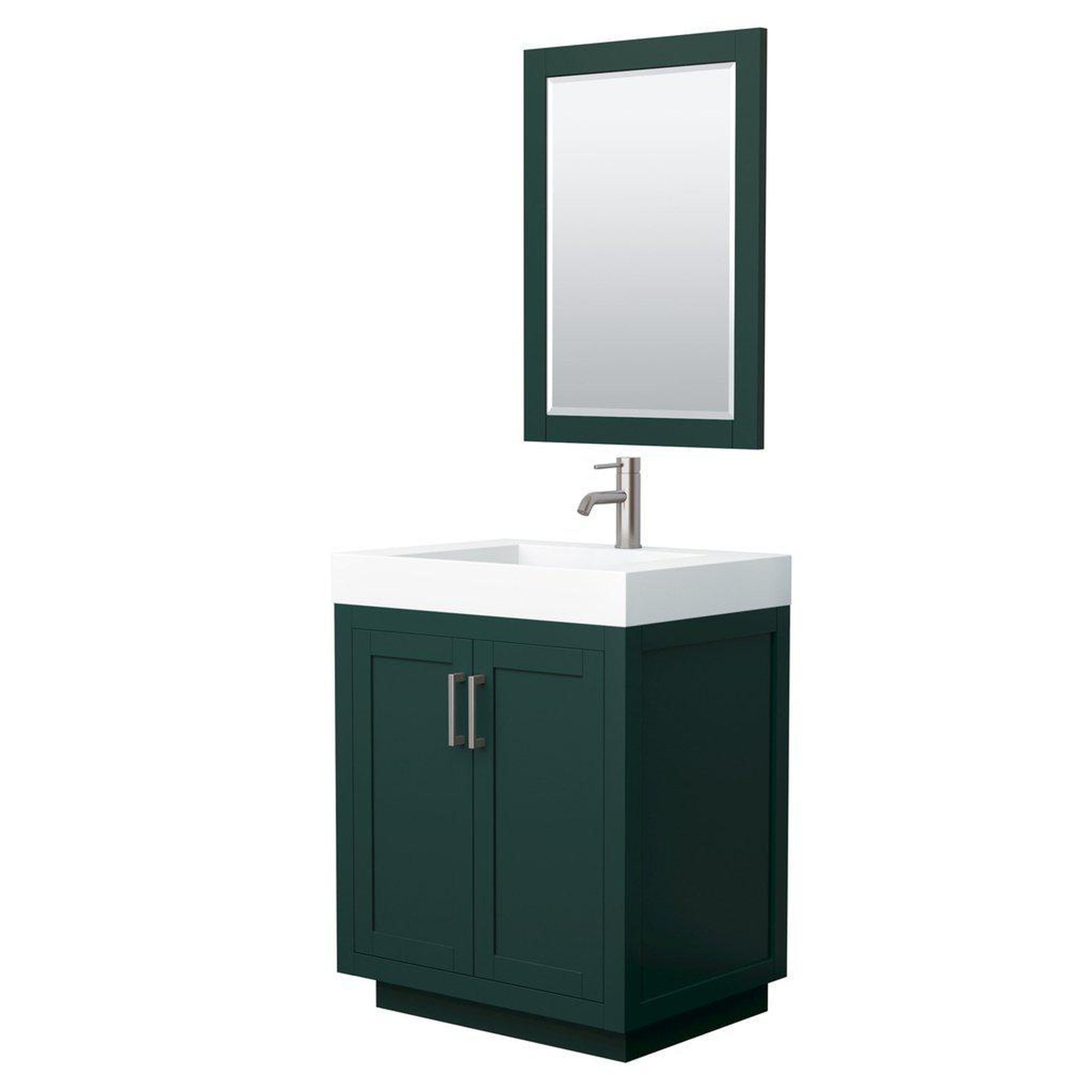 Wyndham Collection, Wyndham Collection Miranda 30" Single Bathroom Green Vanity Set With 4" Thick Matte White Solid Surface Countertop, Integrated Sink, 24" Mirror And Brushed Nickel Trim