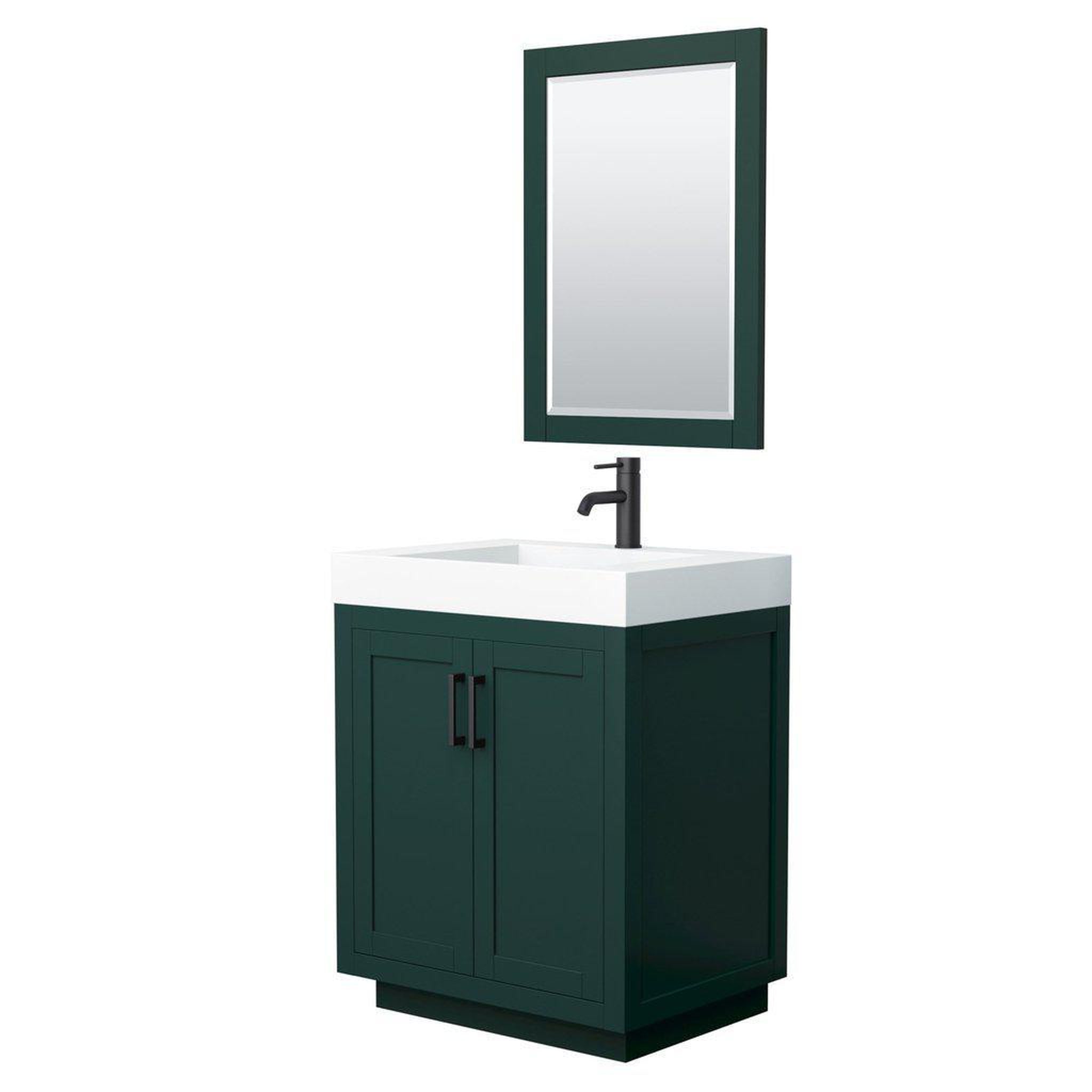 Wyndham Collection, Wyndham Collection Miranda 30" Single Bathroom Green Vanity Set With 4" Thick Matte White Solid Surface Countertop, Integrated Sink, 24" Mirror And Matte Black Trim