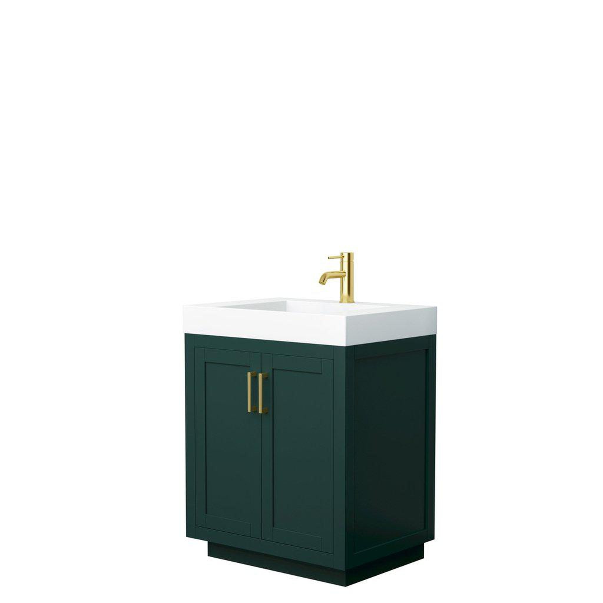 Wyndham Collection, Wyndham Collection Miranda 30" Single Bathroom Green Vanity Set With 4" Thick Matte White Solid Surface Countertop, Integrated Sink, And Brushed Gold Trim