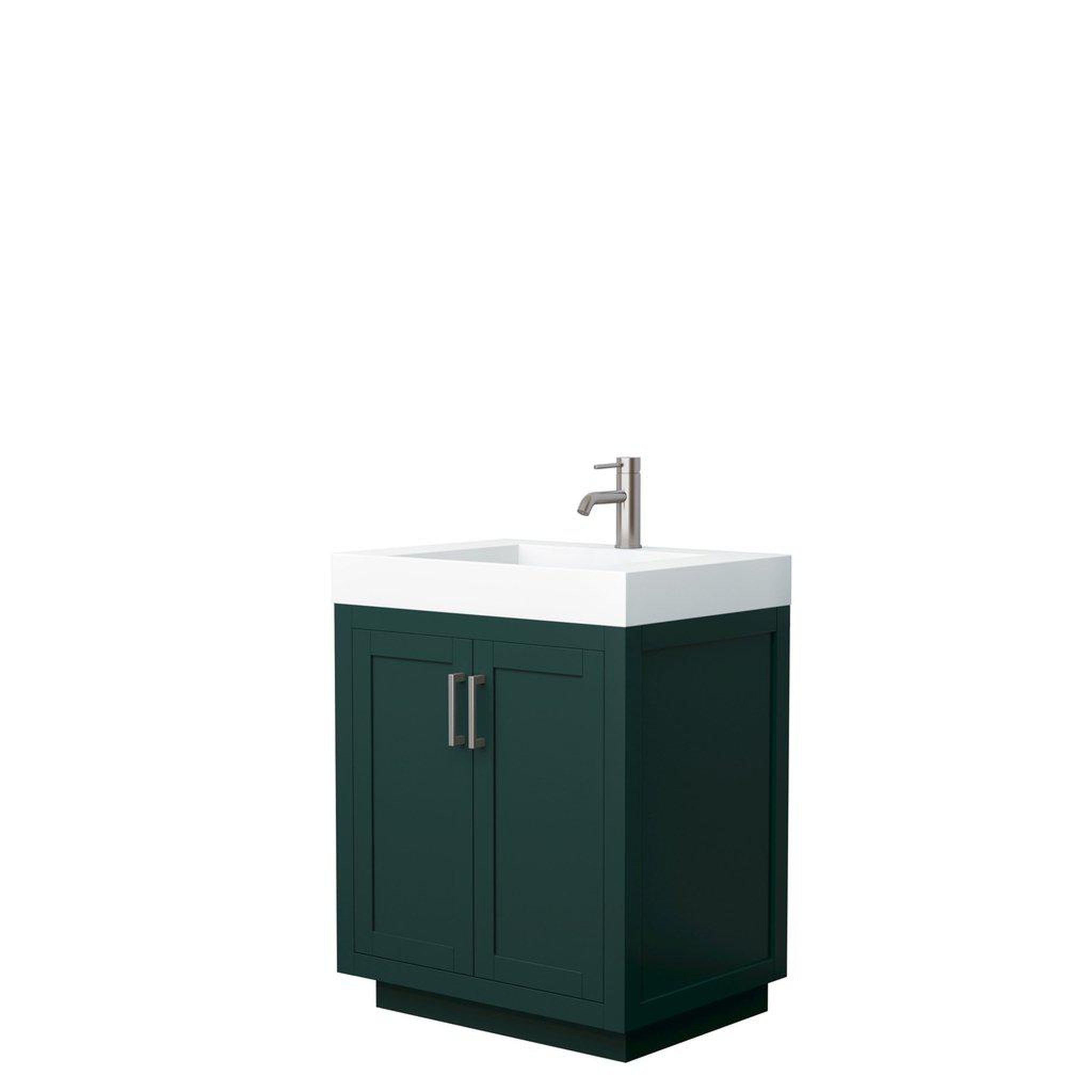 Wyndham Collection, Wyndham Collection Miranda 30" Single Bathroom Green Vanity Set With 4" Thick Matte White Solid Surface Countertop, Integrated Sink, And Brushed Nickel Trim