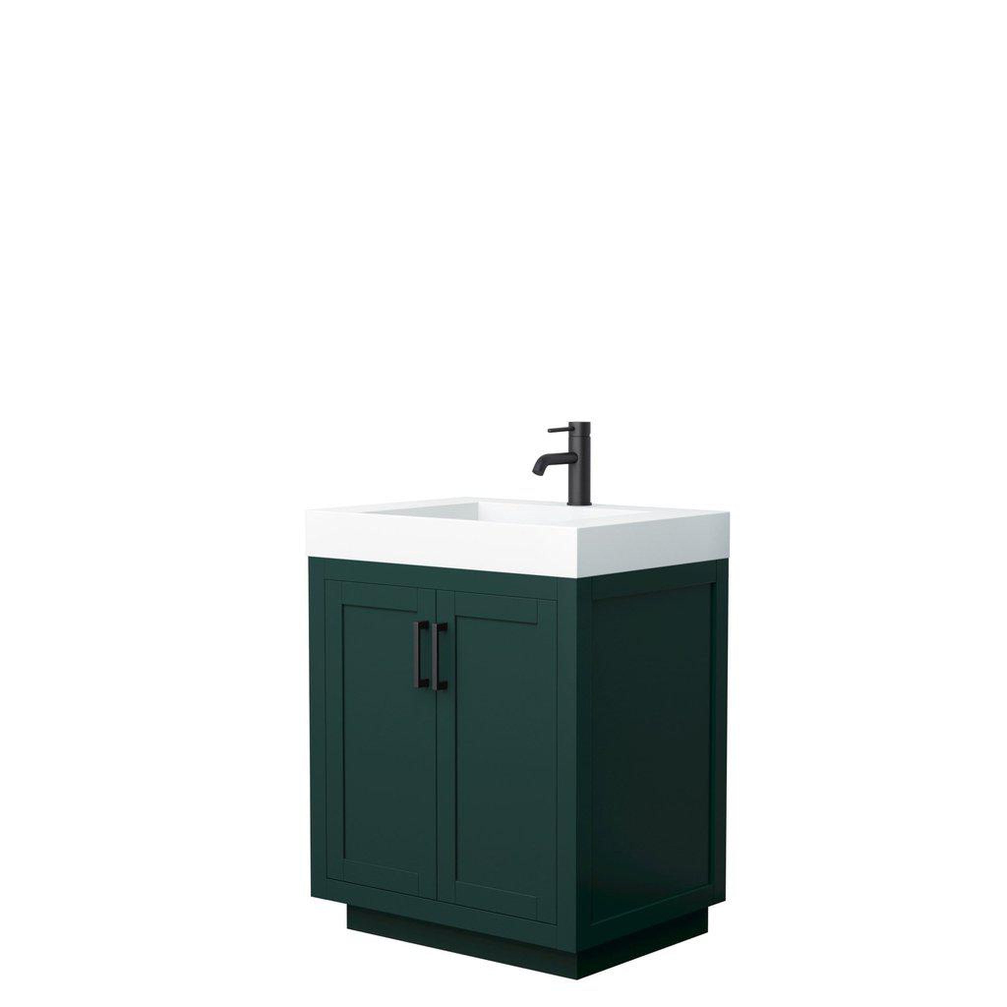 Wyndham Collection, Wyndham Collection Miranda 30" Single Bathroom Green Vanity Set With 4" Thick Matte White Solid Surface Countertop, Integrated Sink, And Matte Black Trim