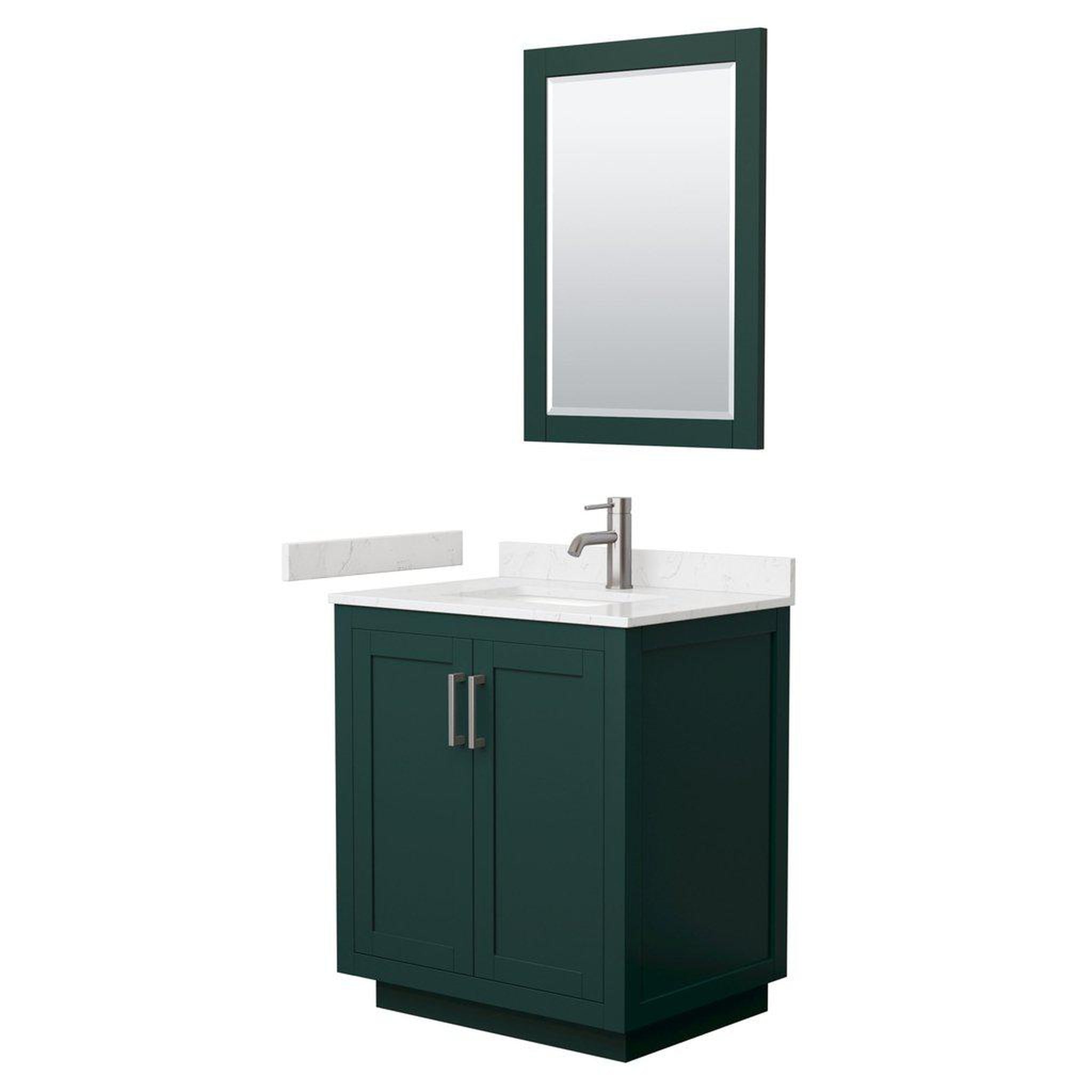 Wyndham Collection, Wyndham Collection Miranda 30" Single Bathroom Green Vanity Set With Light-Vein Carrara Cultured Marble Countertop, Undermount Square Sink, 24" Mirror And Brushed Nickel Trim