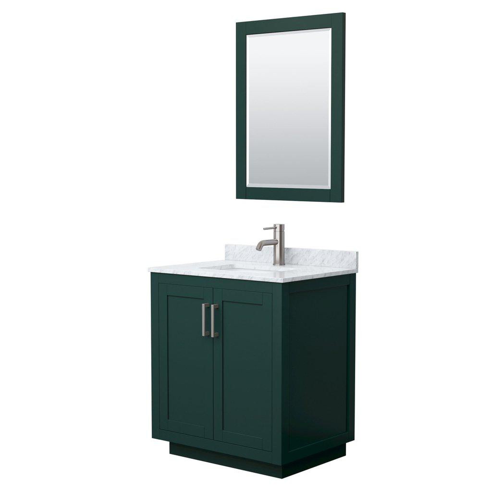 Wyndham Collection, Wyndham Collection Miranda 30" Single Bathroom Green Vanity Set With White Carrara Marble Countertop, Undermount Square Sink, 24" Mirror And Brushed Nickel Trim