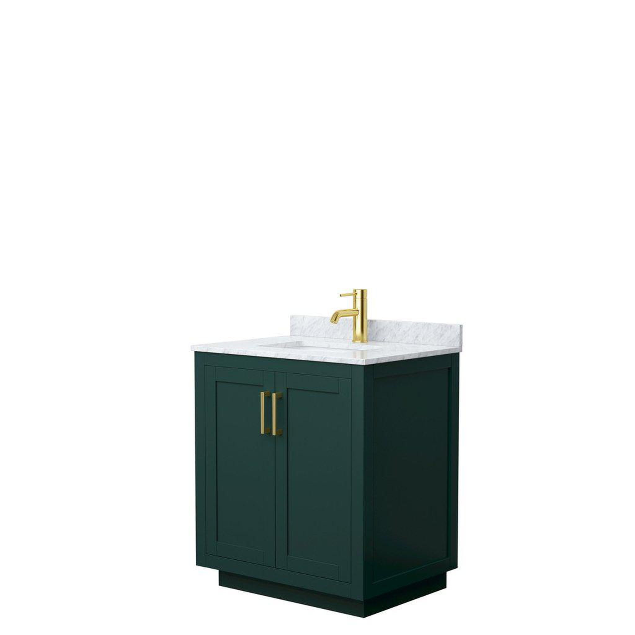 Wyndham Collection, Wyndham Collection Miranda 30" Single Bathroom Green Vanity Set With White Carrara Marble Countertop, Undermount Square Sink, And Brushed Gold Trim