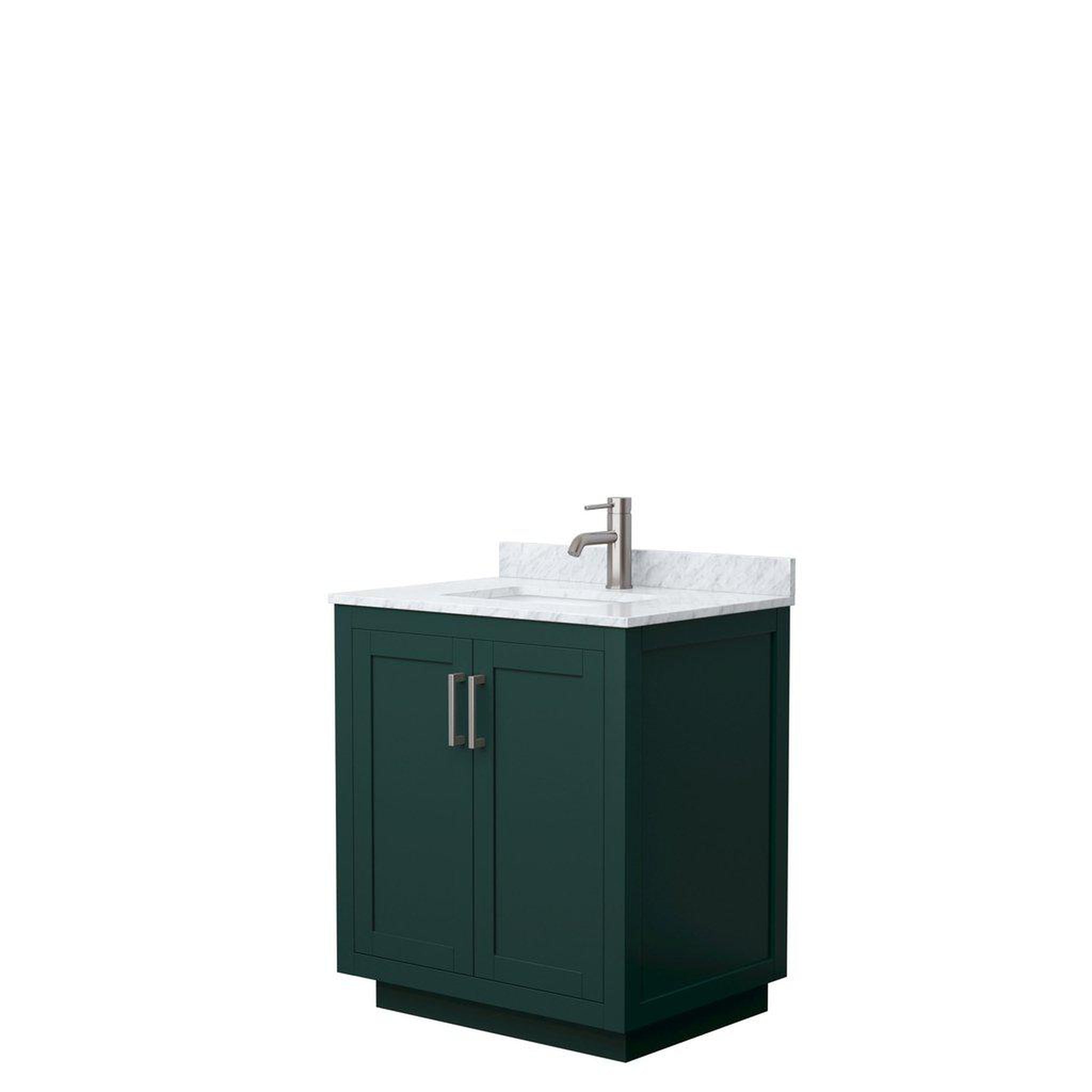 Wyndham Collection, Wyndham Collection Miranda 30" Single Bathroom Green Vanity Set With White Carrara Marble Countertop, Undermount Square Sink, And Brushed Nickel Trim