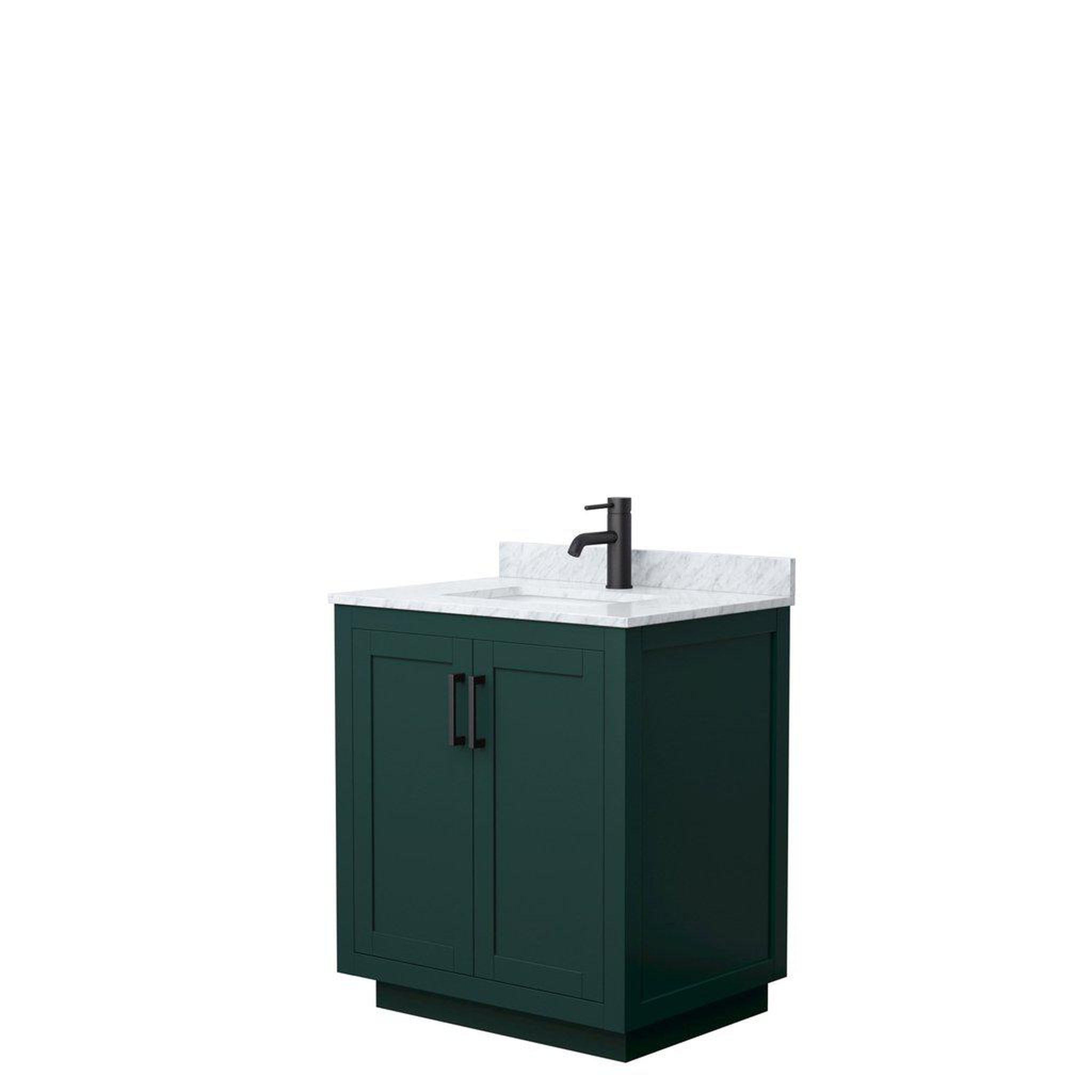 Wyndham Collection, Wyndham Collection Miranda 30" Single Bathroom Green Vanity Set With White Carrara Marble Countertop, Undermount Square Sink, And Matte Black Trim