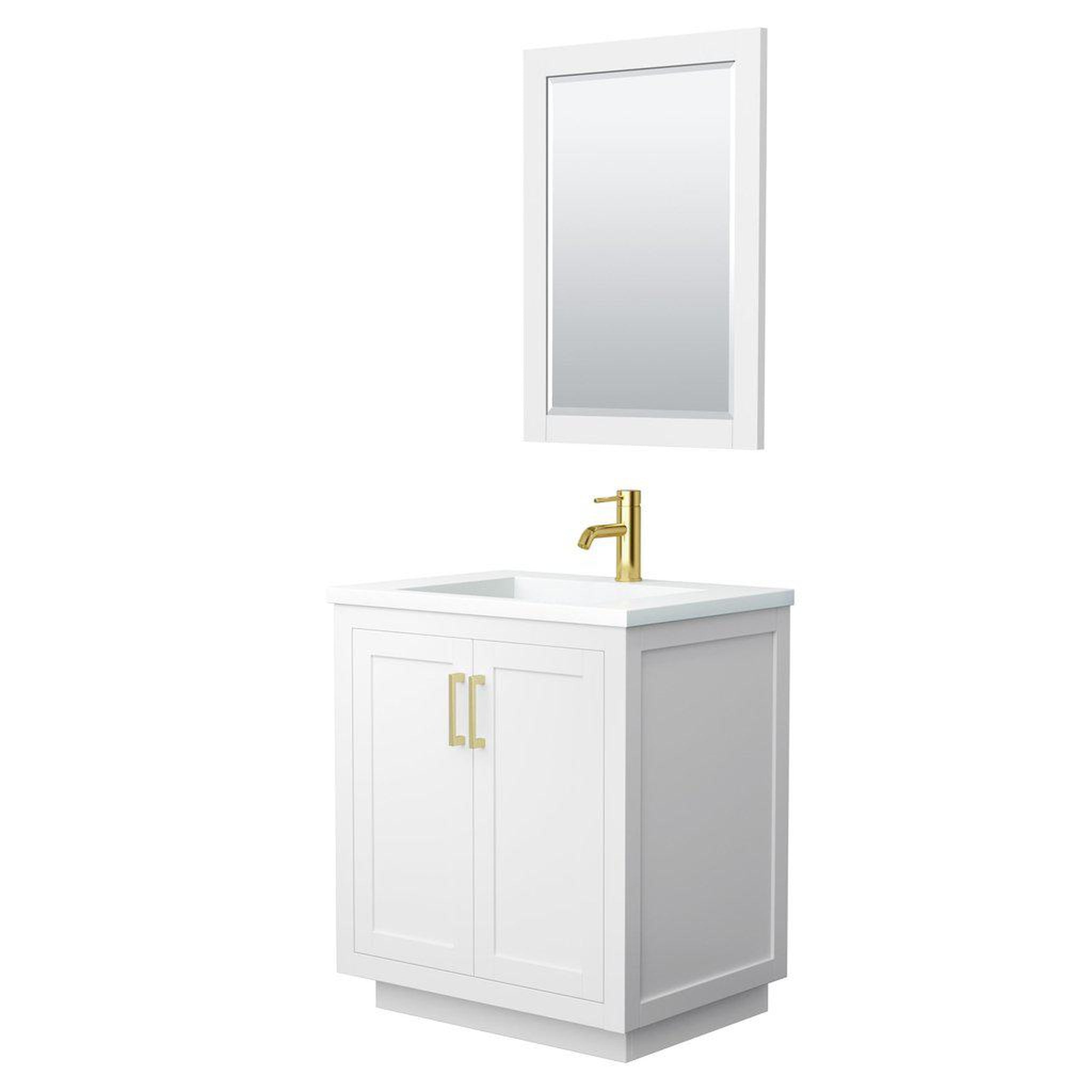 Wyndham Collection, Wyndham Collection Miranda 30" Single Bathroom White Vanity Set With 1.25" Thick Matte White Solid Surface Countertop, Integrated Sink, 24" Mirror And Brushed Gold Trim