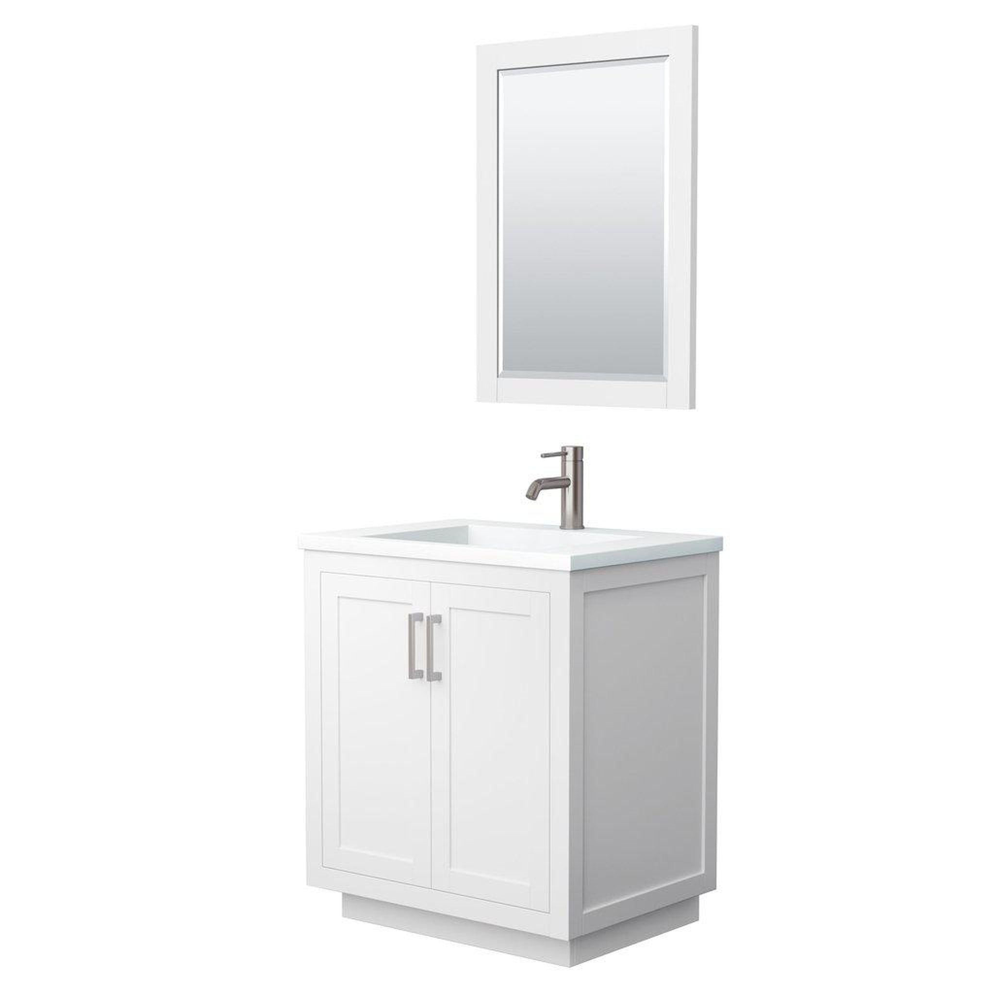 Wyndham Collection, Wyndham Collection Miranda 30" Single Bathroom White Vanity Set With 1.25" Thick Matte White Solid Surface Countertop, Integrated Sink, 24" Mirror And Brushed Nickel Trim