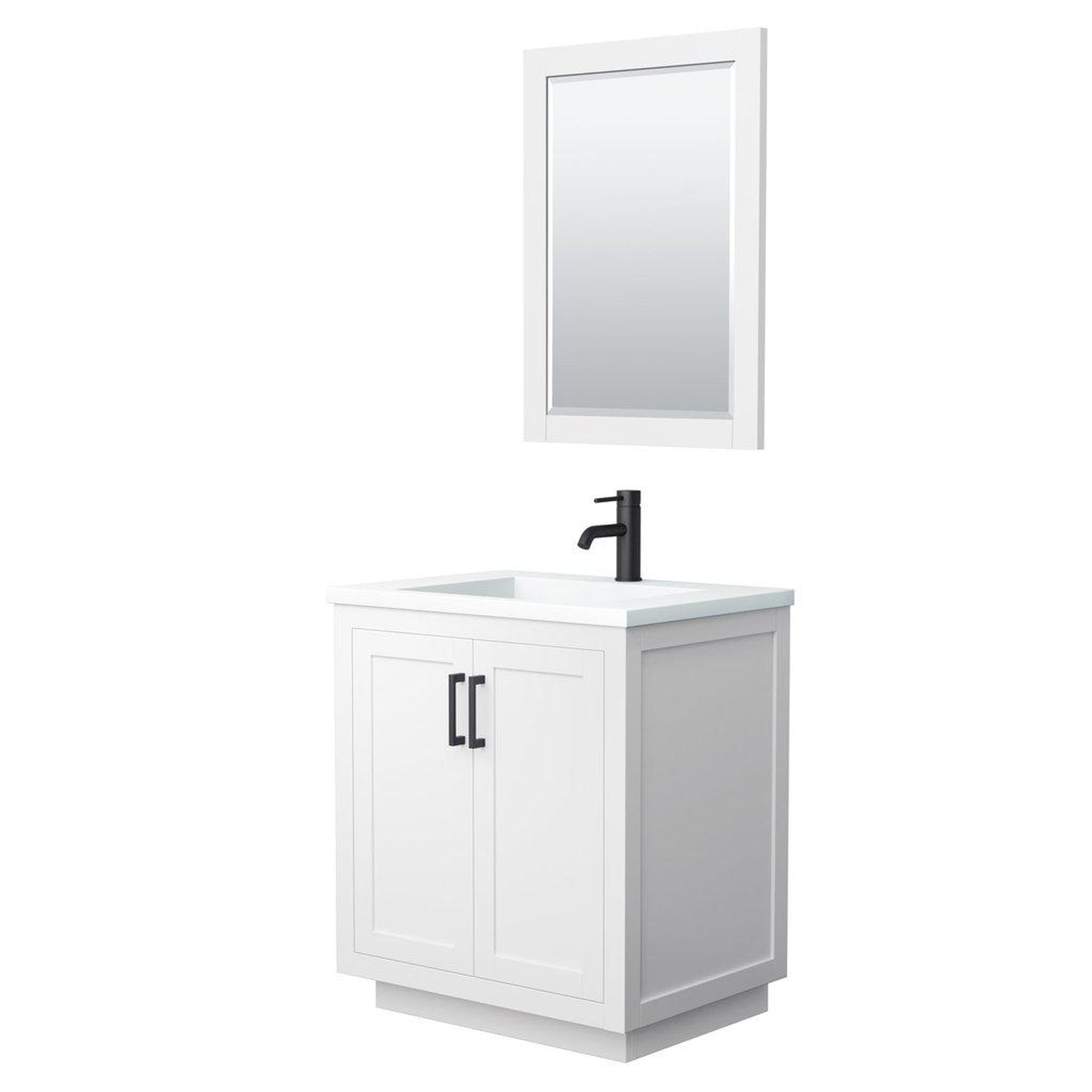 Wyndham Collection, Wyndham Collection Miranda 30" Single Bathroom White Vanity Set With 1.25" Thick Matte White Solid Surface Countertop, Integrated Sink, 24" Mirror And Matte Black Trim