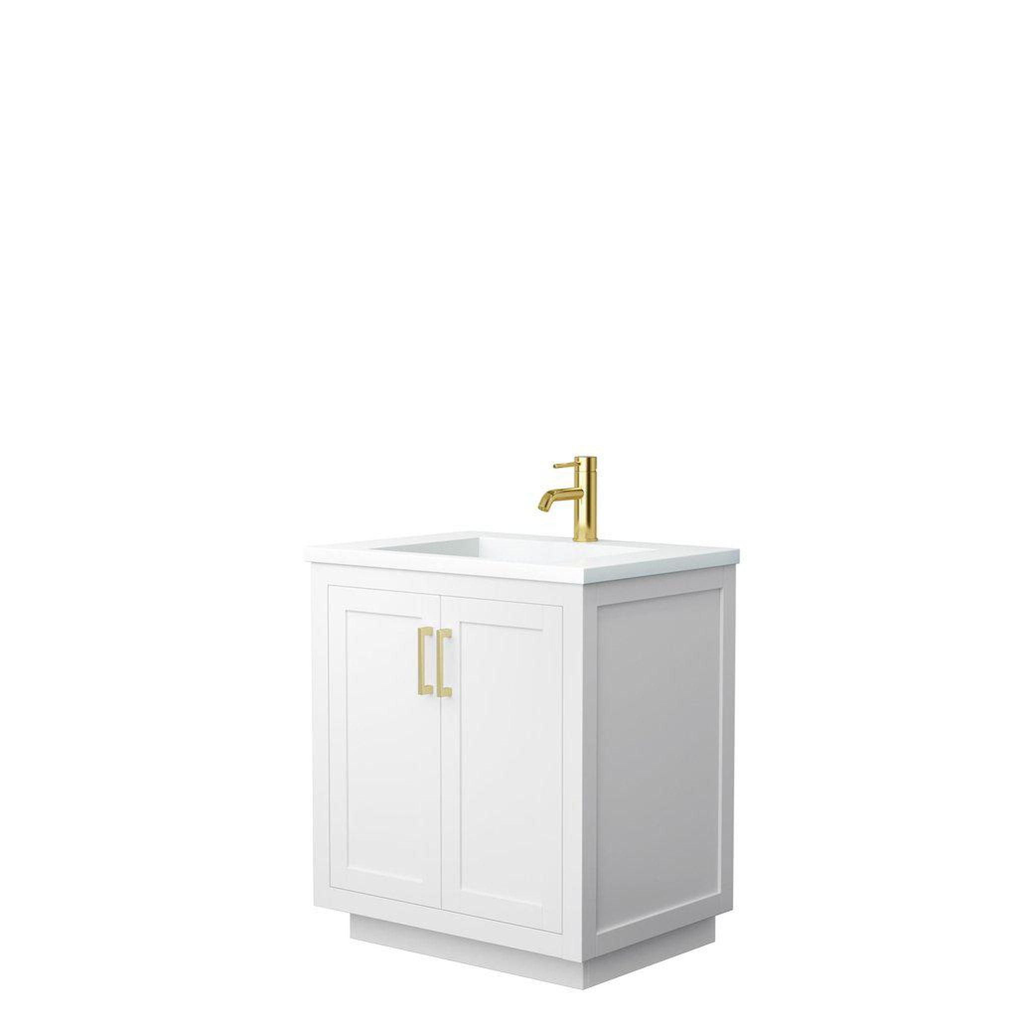 Wyndham Collection, Wyndham Collection Miranda 30" Single Bathroom White Vanity Set With 1.25" Thick Matte White Solid Surface Countertop, Integrated Sink, And Brushed Gold Trim