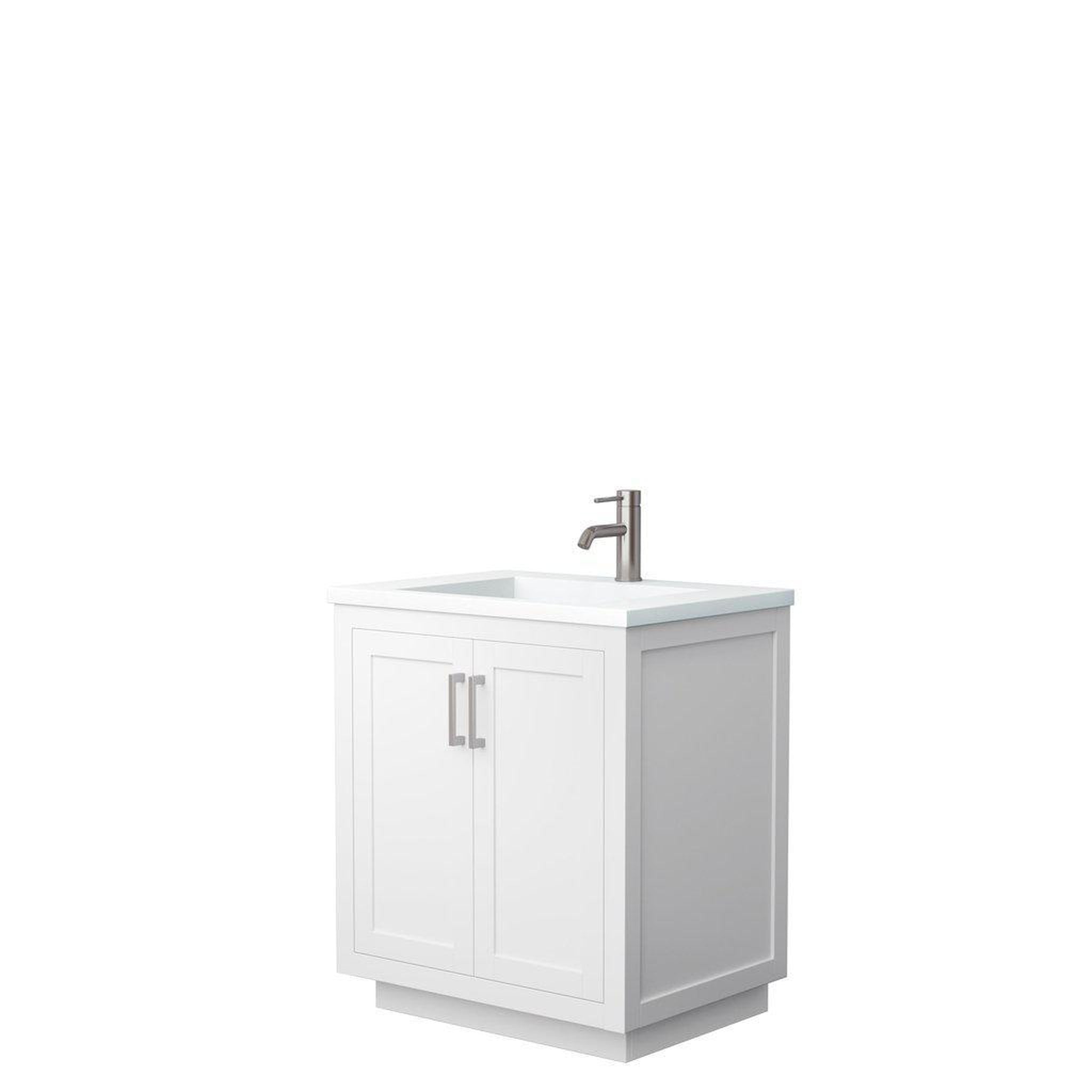 Wyndham Collection, Wyndham Collection Miranda 30" Single Bathroom White Vanity Set With 1.25" Thick Matte White Solid Surface Countertop, Integrated Sink, And Brushed Nickel Trim