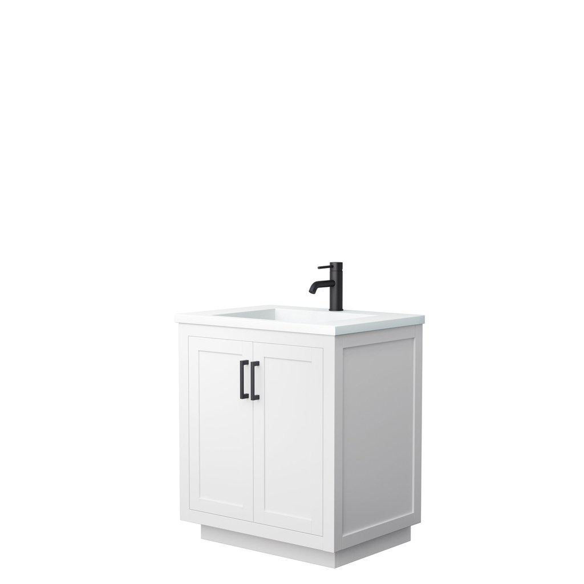 Wyndham Collection, Wyndham Collection Miranda 30" Single Bathroom White Vanity Set With 1.25" Thick Matte White Solid Surface Countertop, Integrated Sink, And Matte Black Trim