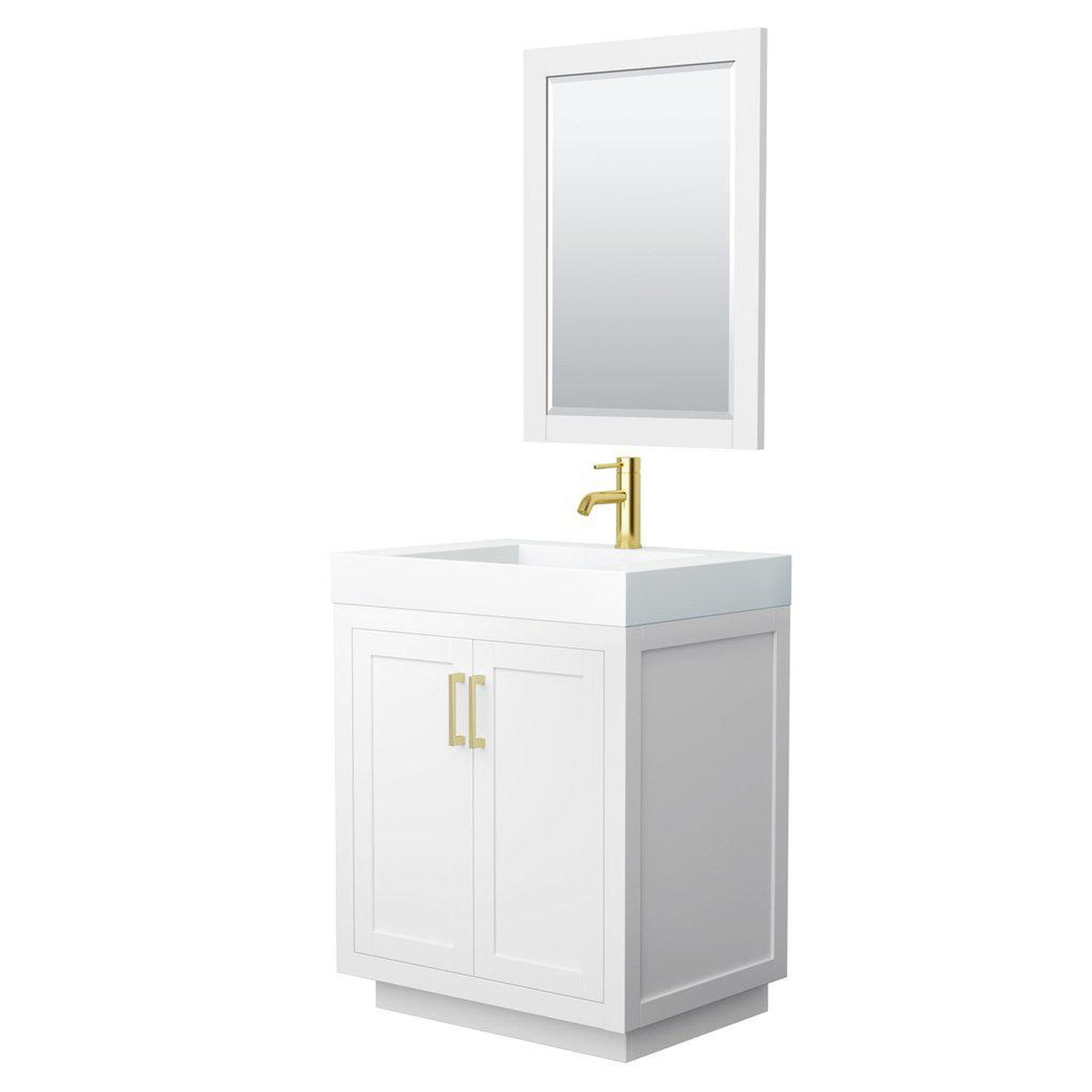 Wyndham Collection, Wyndham Collection Miranda 30" Single Bathroom White Vanity Set With 4" Thick Matte White Solid Surface Countertop, Integrated Sink, 24" Mirror And Brushed Gold Trim