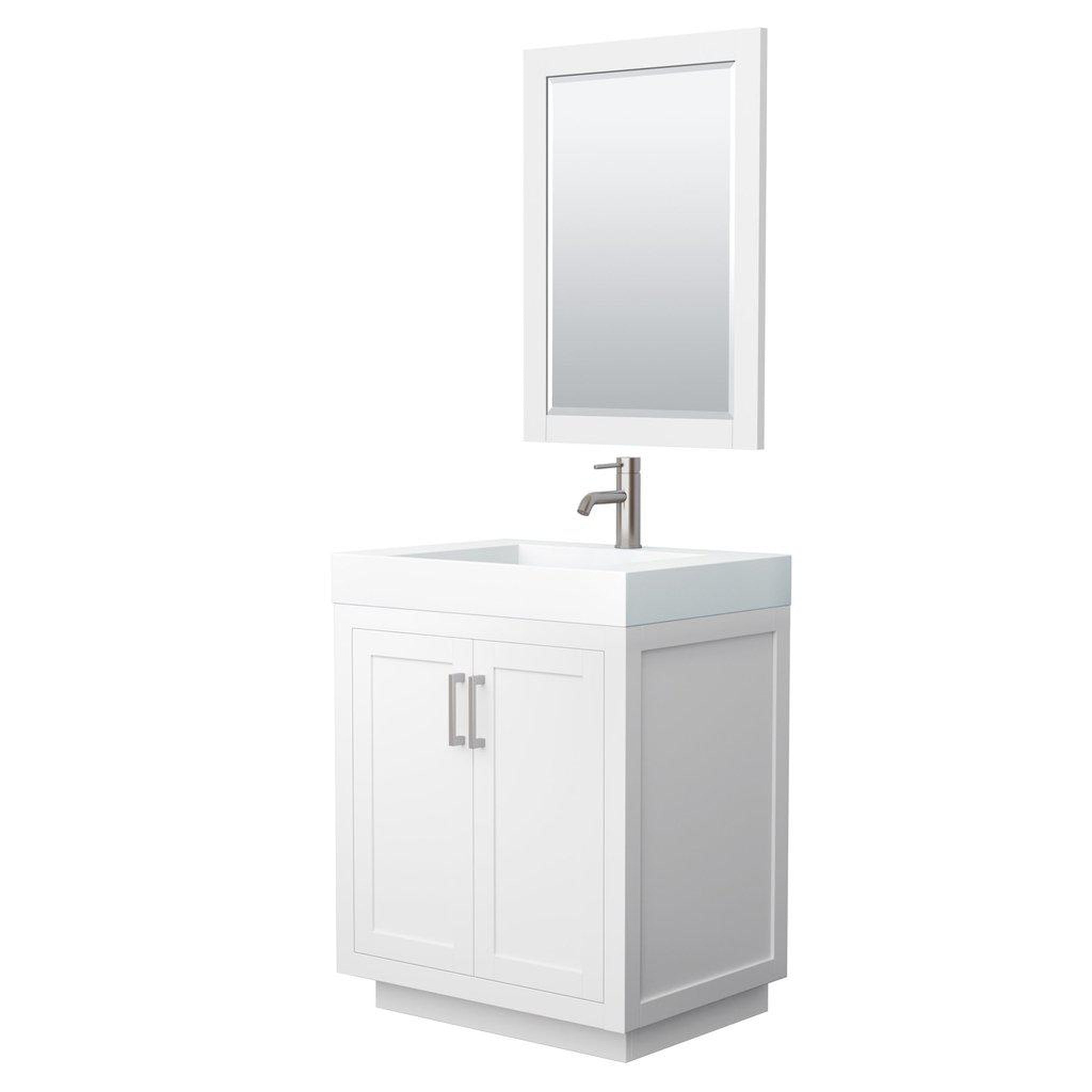 Wyndham Collection, Wyndham Collection Miranda 30" Single Bathroom White Vanity Set With 4" Thick Matte White Solid Surface Countertop, Integrated Sink, 24" Mirror And Brushed Nickel Trim