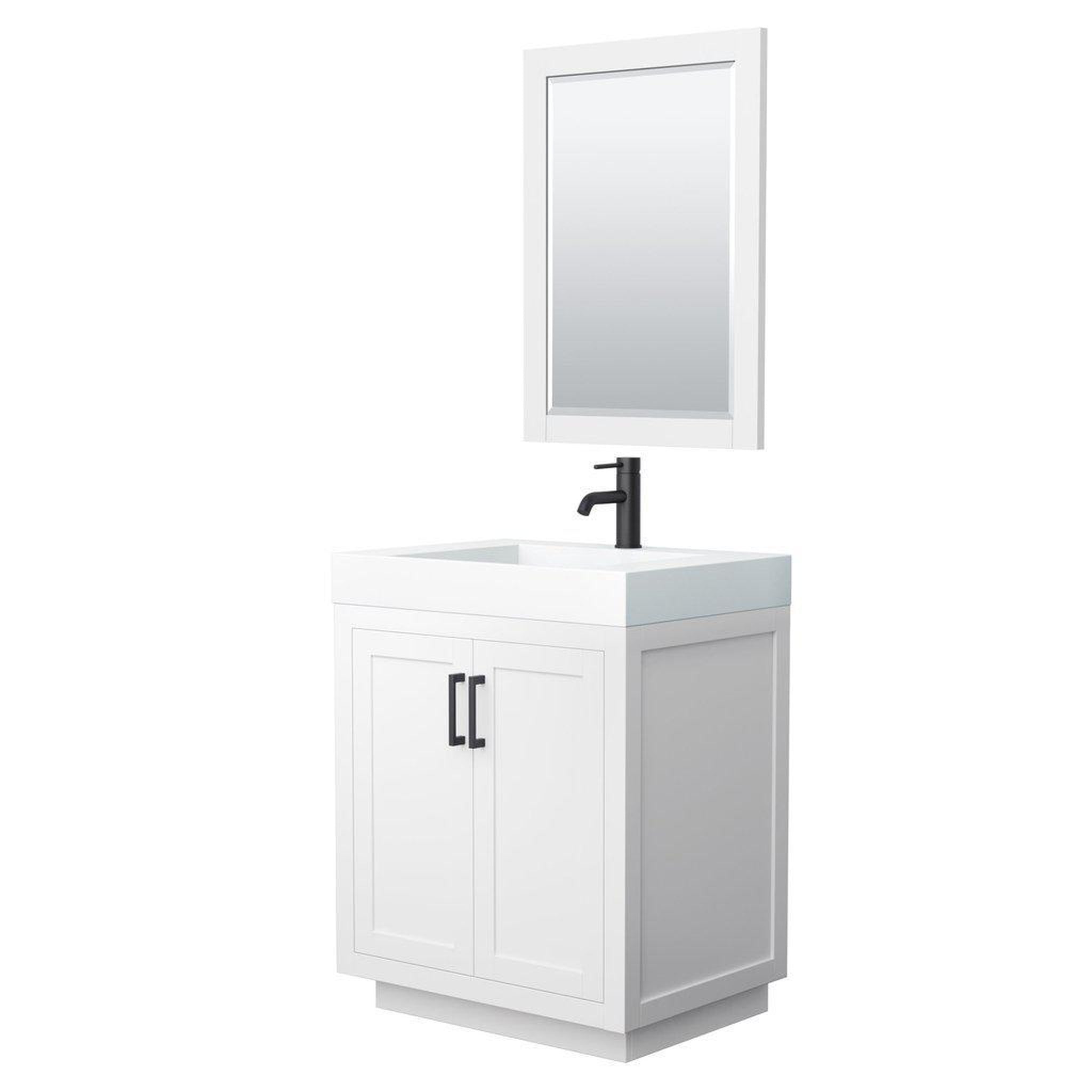 Wyndham Collection, Wyndham Collection Miranda 30" Single Bathroom White Vanity Set With 4" Thick Matte White Solid Surface Countertop, Integrated Sink, 24" Mirror And Matte Black Trim