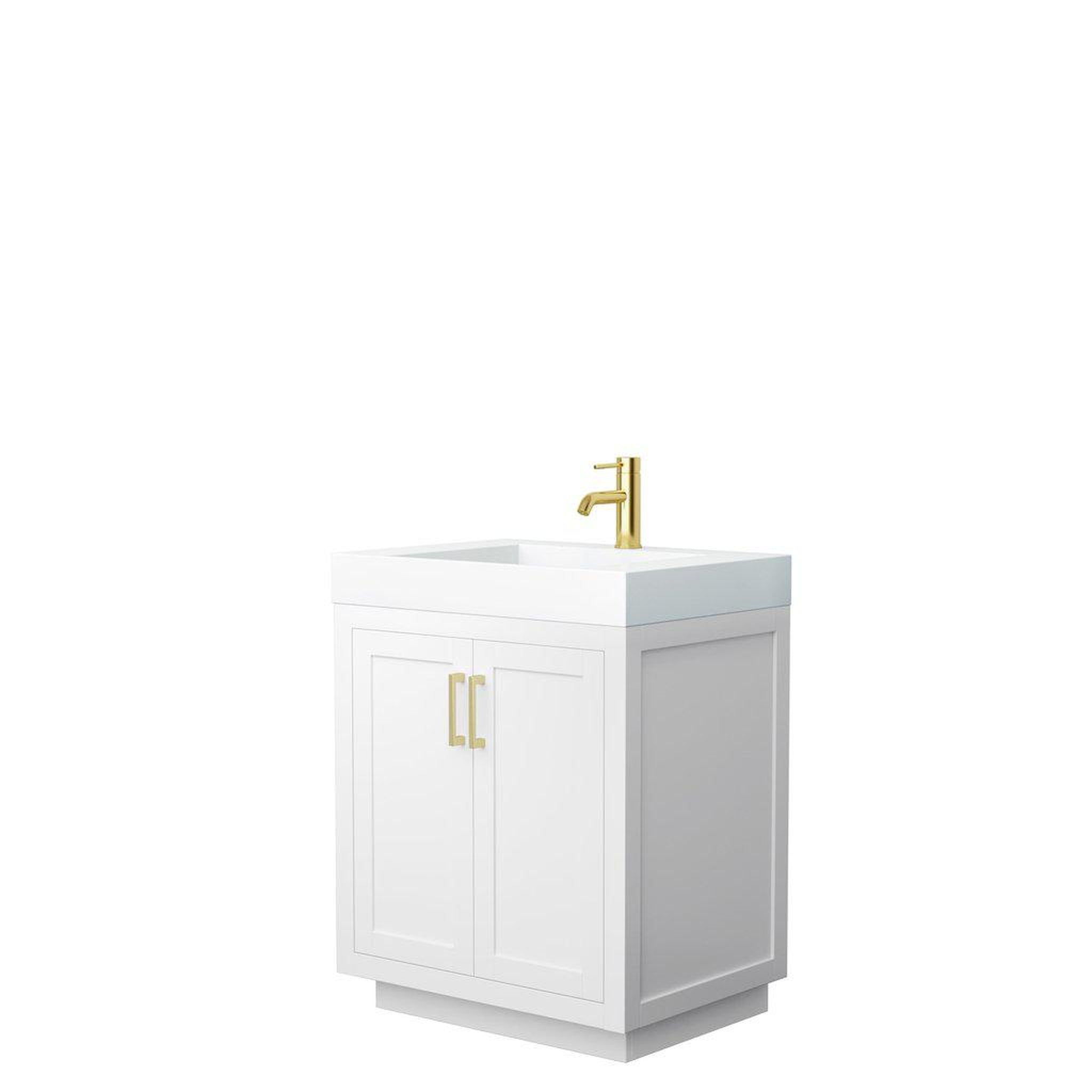 Wyndham Collection, Wyndham Collection Miranda 30" Single Bathroom White Vanity Set With 4" Thick Matte White Solid Surface Countertop, Integrated Sink, And Brushed Gold Trim