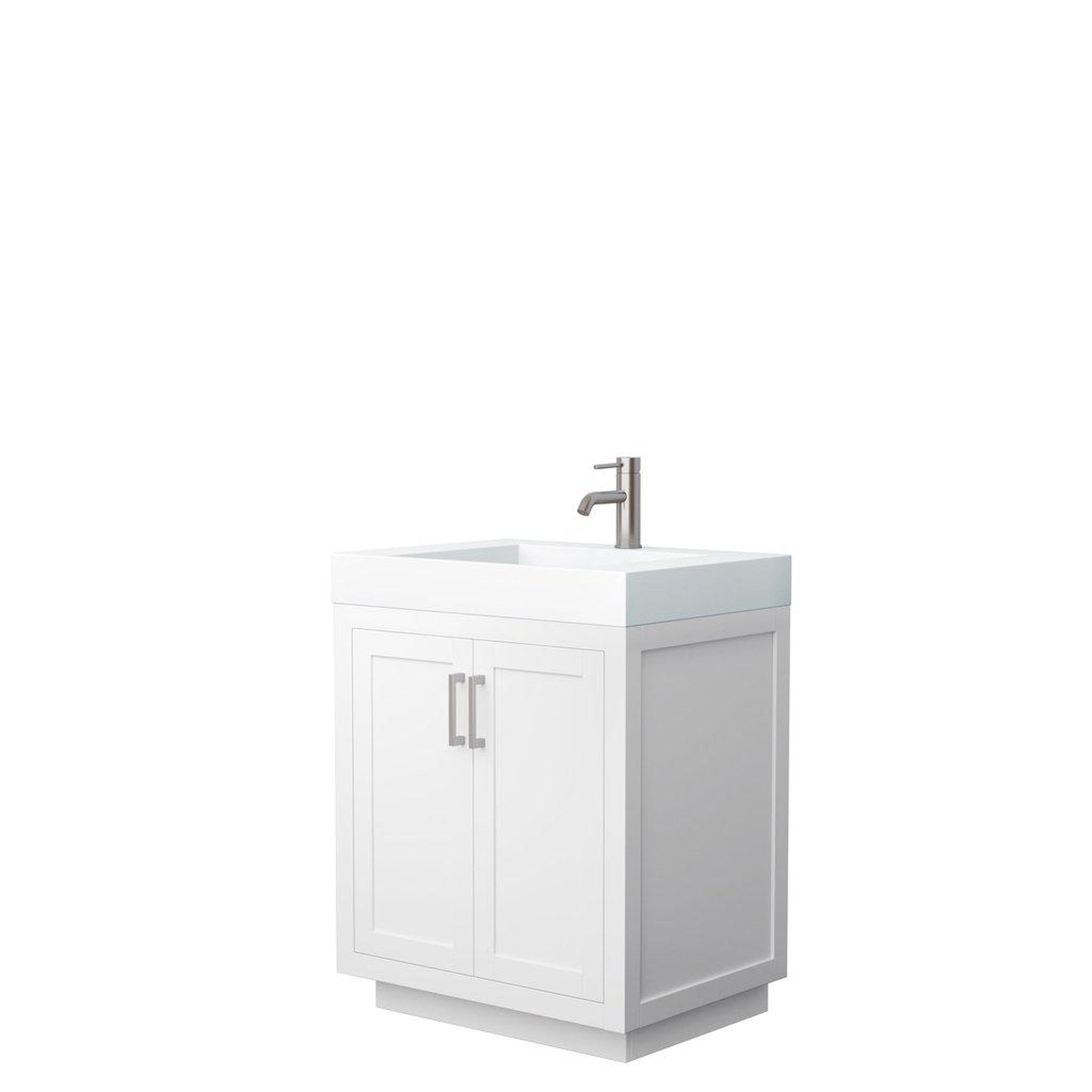 Wyndham Collection, Wyndham Collection Miranda 30" Single Bathroom White Vanity Set With 4" Thick Matte White Solid Surface Countertop, Integrated Sink, And Brushed Nickel Trim