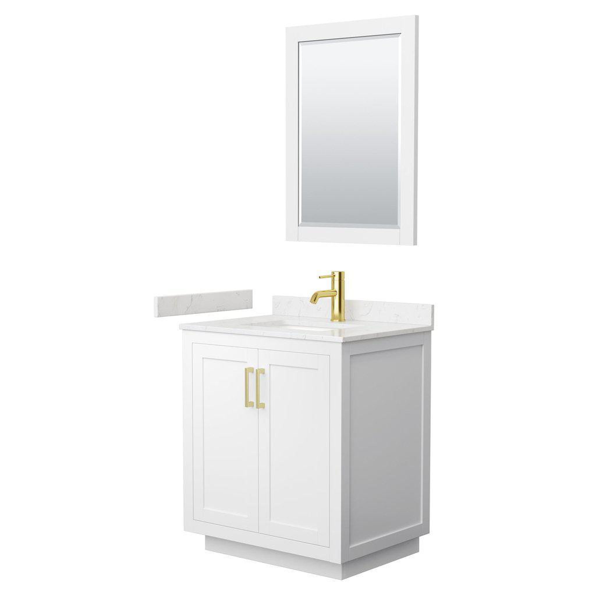 Wyndham Collection, Wyndham Collection Miranda 30" Single Bathroom White Vanity Set With Light-Vein Carrara Cultured Marble Countertop, Undermount Square Sink, 24" Mirror And Brushed Gold Trim