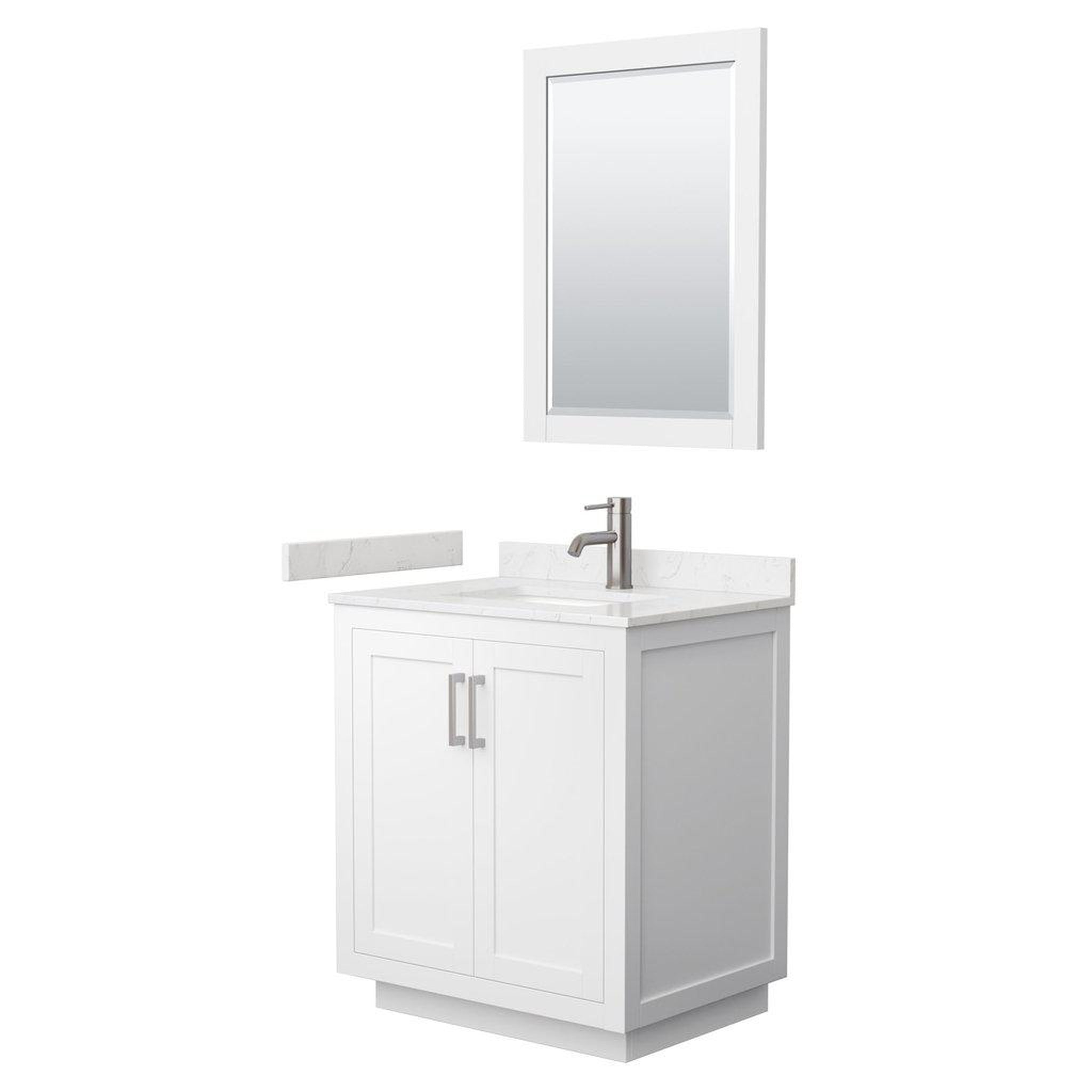 Wyndham Collection, Wyndham Collection Miranda 30" Single Bathroom White Vanity Set With Light-Vein Carrara Cultured Marble Countertop, Undermount Square Sink, 24" Mirror And Brushed Nickel Trim