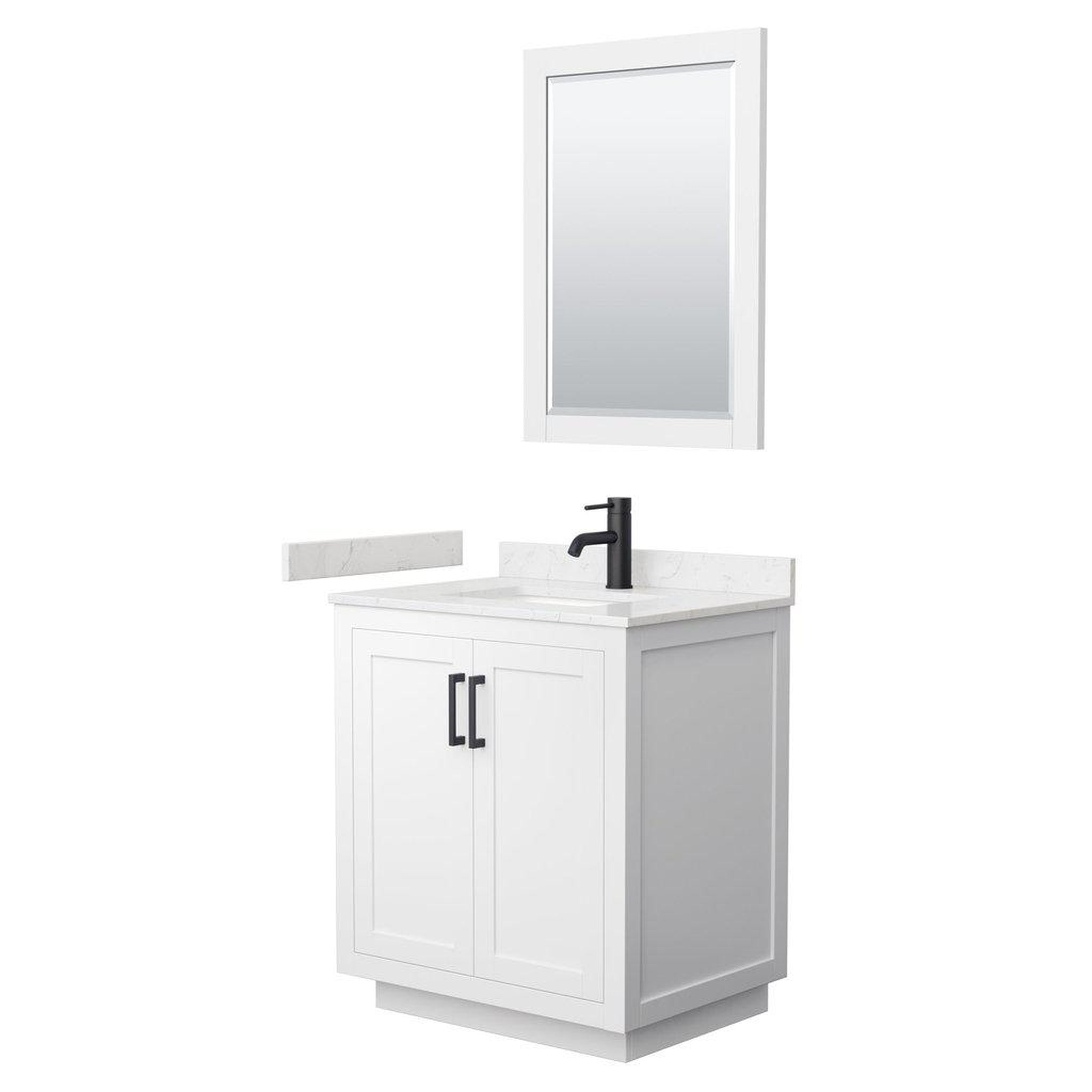 Wyndham Collection, Wyndham Collection Miranda 30" Single Bathroom White Vanity Set With Light-Vein Carrara Cultured Marble Countertop, Undermount Square Sink, 24" Mirror And Matte Black Trim