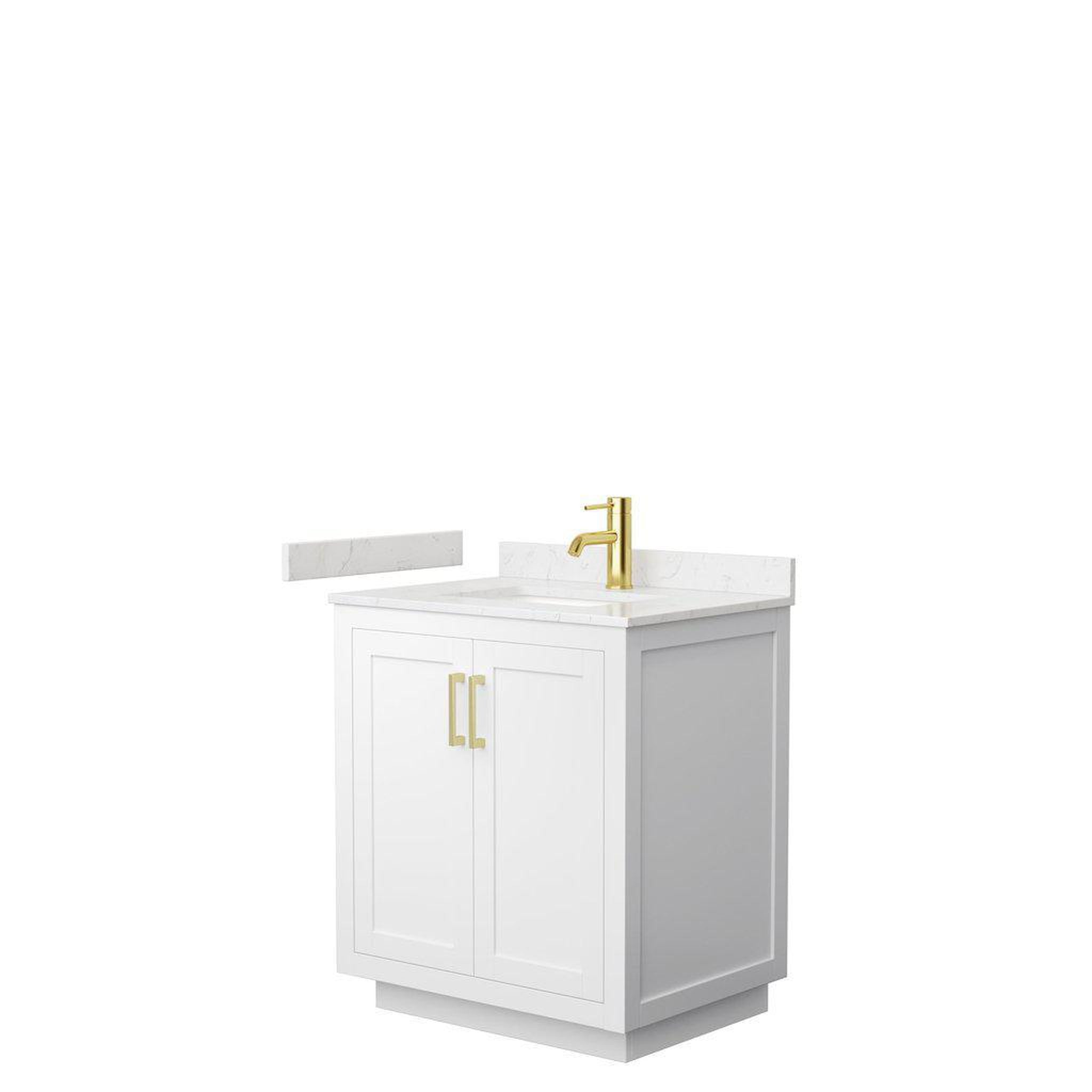 Wyndham Collection, Wyndham Collection Miranda 30" Single Bathroom White Vanity Set With Light-Vein Carrara Cultured Marble Countertop, Undermount Square Sink, And Brushed Gold Trim