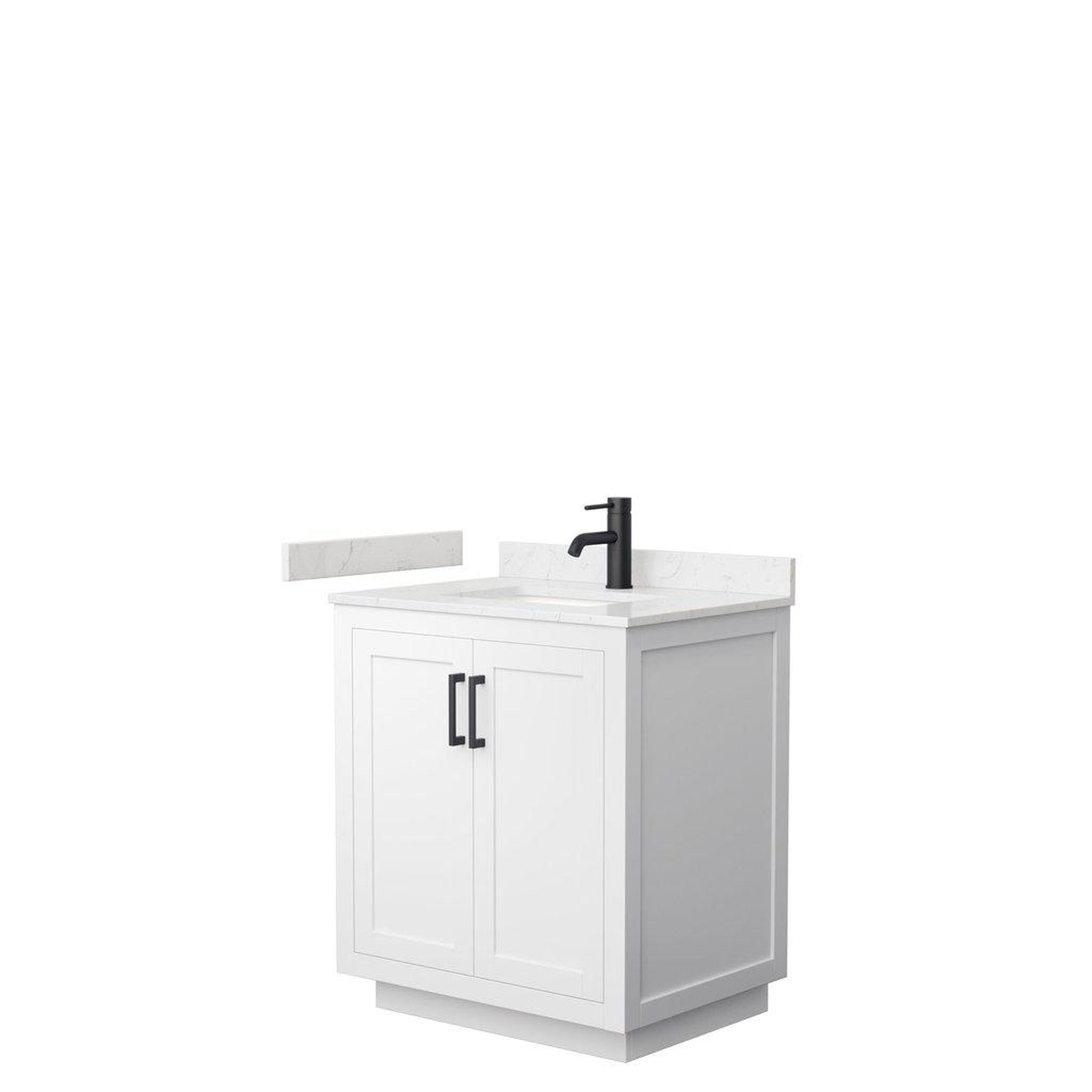 Wyndham Collection, Wyndham Collection Miranda 30" Single Bathroom White Vanity Set With Light-Vein Carrara Cultured Marble Countertop, Undermount Square Sink, And Matte Black Trim