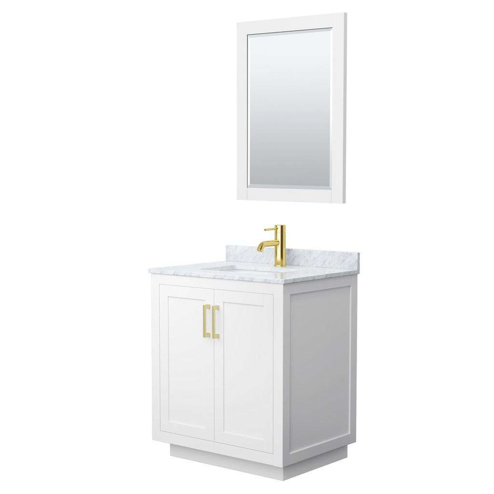 Wyndham Collection, Wyndham Collection Miranda 30" Single Bathroom White Vanity Set With White Carrara Marble Countertop, Undermount Square Sink, 24" Mirror And Brushed Gold Trim