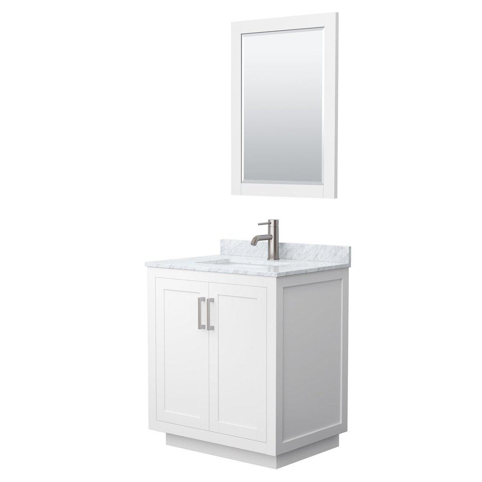 Wyndham Collection, Wyndham Collection Miranda 30" Single Bathroom White Vanity Set With White Carrara Marble Countertop, Undermount Square Sink, 24" Mirror And Brushed Nickel Trim