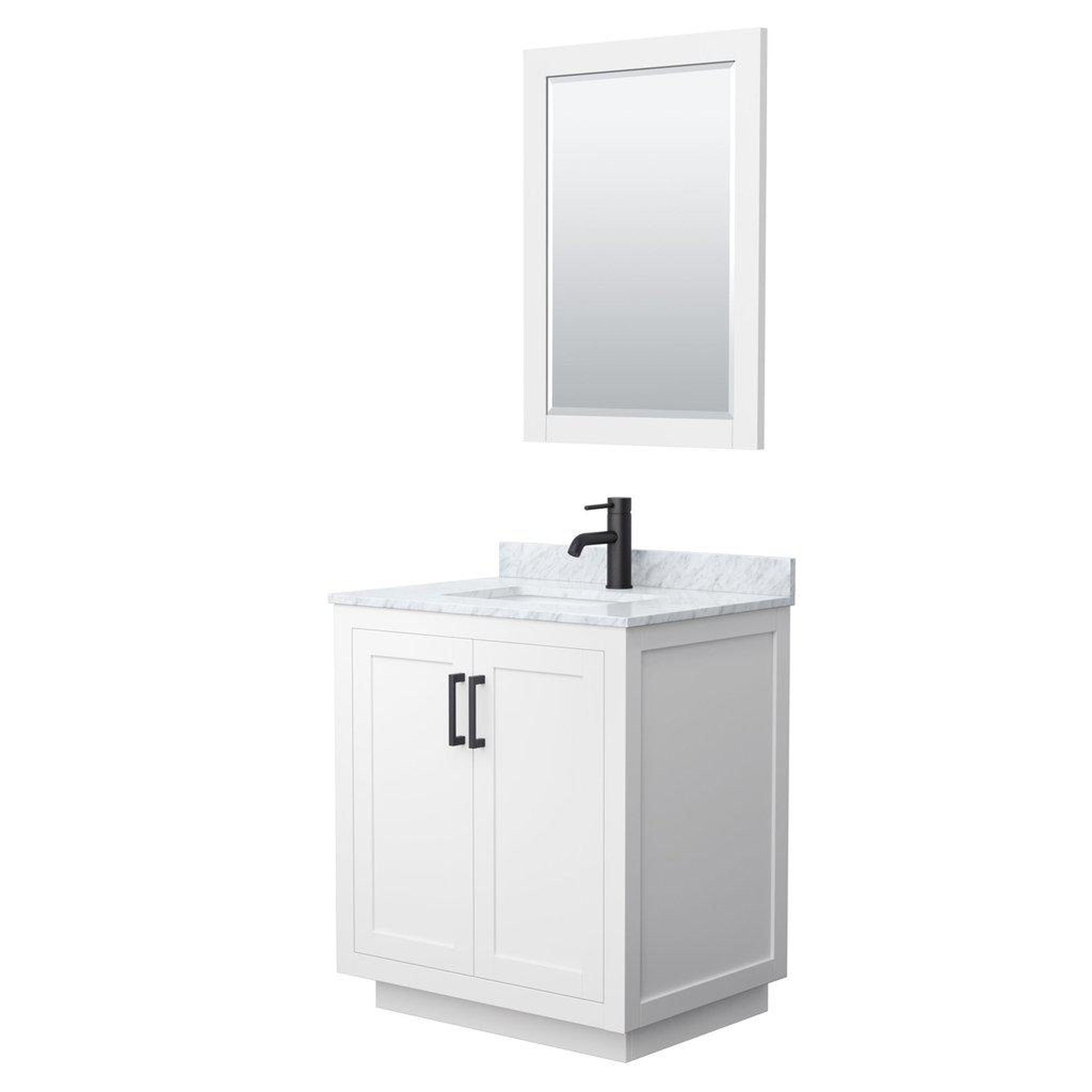 Wyndham Collection, Wyndham Collection Miranda 30" Single Bathroom White Vanity Set With White Carrara Marble Countertop, Undermount Square Sink, 24" Mirror And Matte Black Trim