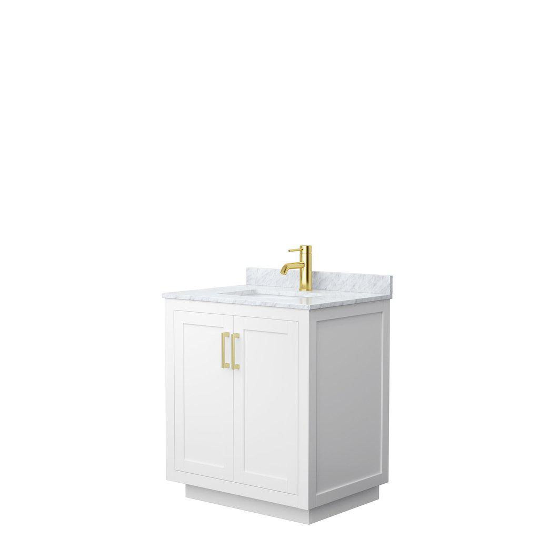 Wyndham Collection, Wyndham Collection Miranda 30" Single Bathroom White Vanity Set With White Carrara Marble Countertop, Undermount Square Sink, And Brushed Gold Trim