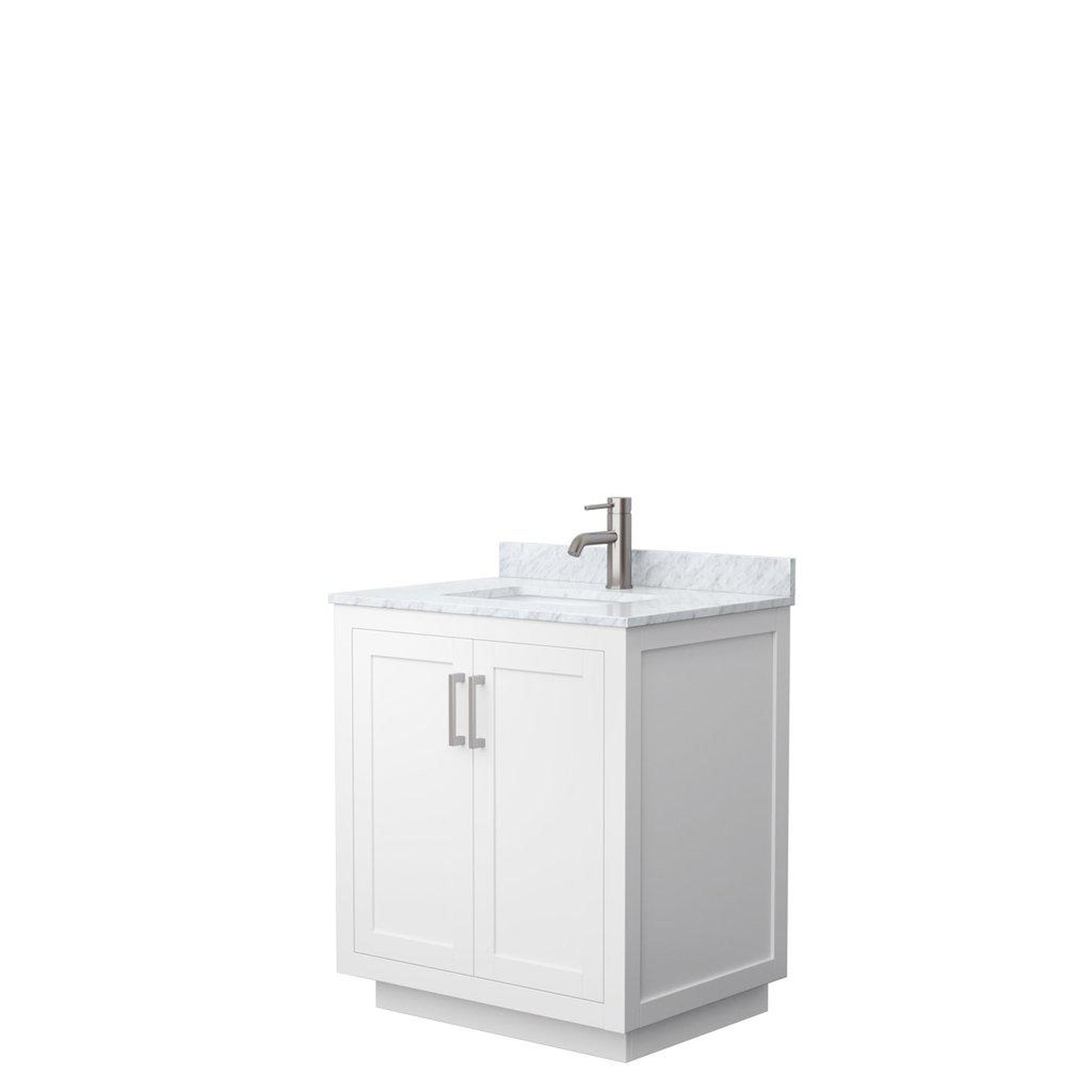 Wyndham Collection, Wyndham Collection Miranda 30" Single Bathroom White Vanity Set With White Carrara Marble Countertop, Undermount Square Sink, And Brushed Nickel Trim