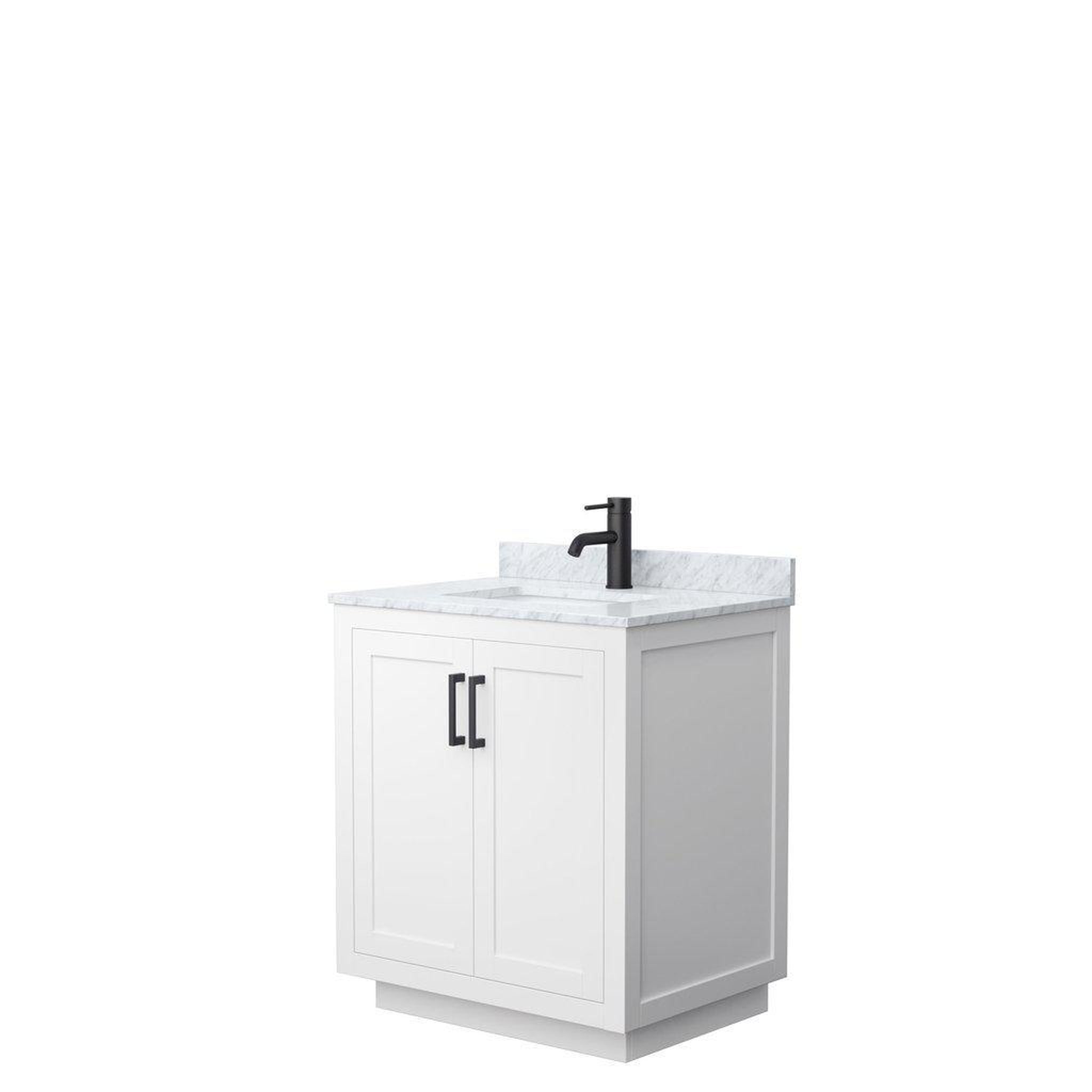 Wyndham Collection, Wyndham Collection Miranda 30" Single Bathroom White Vanity Set With White Carrara Marble Countertop, Undermount Square Sink, And Matte Black Trim