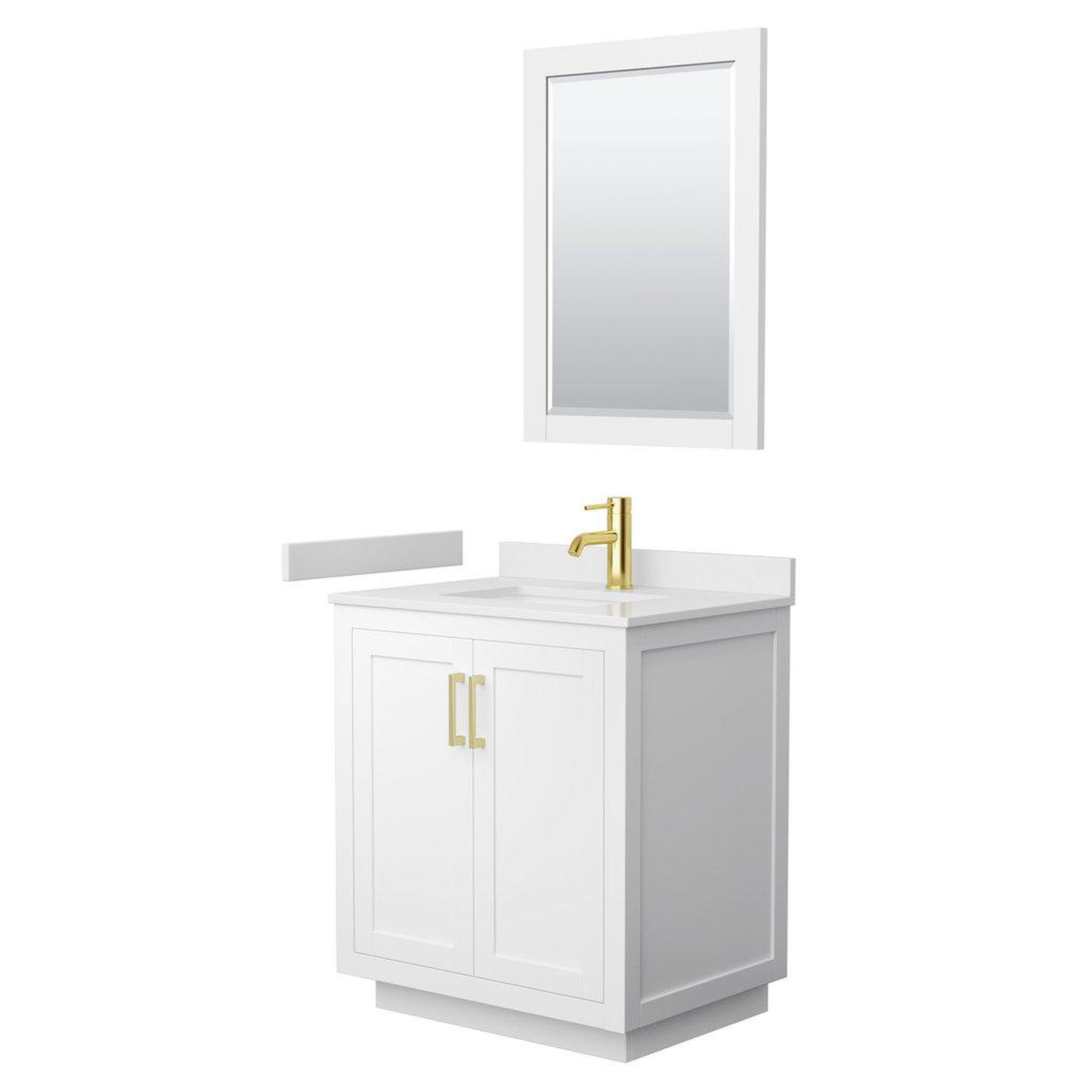 Wyndham Collection, Wyndham Collection Miranda 30" Single Bathroom White Vanity Set With White Cultured Marble Countertop, Undermount Square Sink, 24" Mirror And Brushed Gold Trim