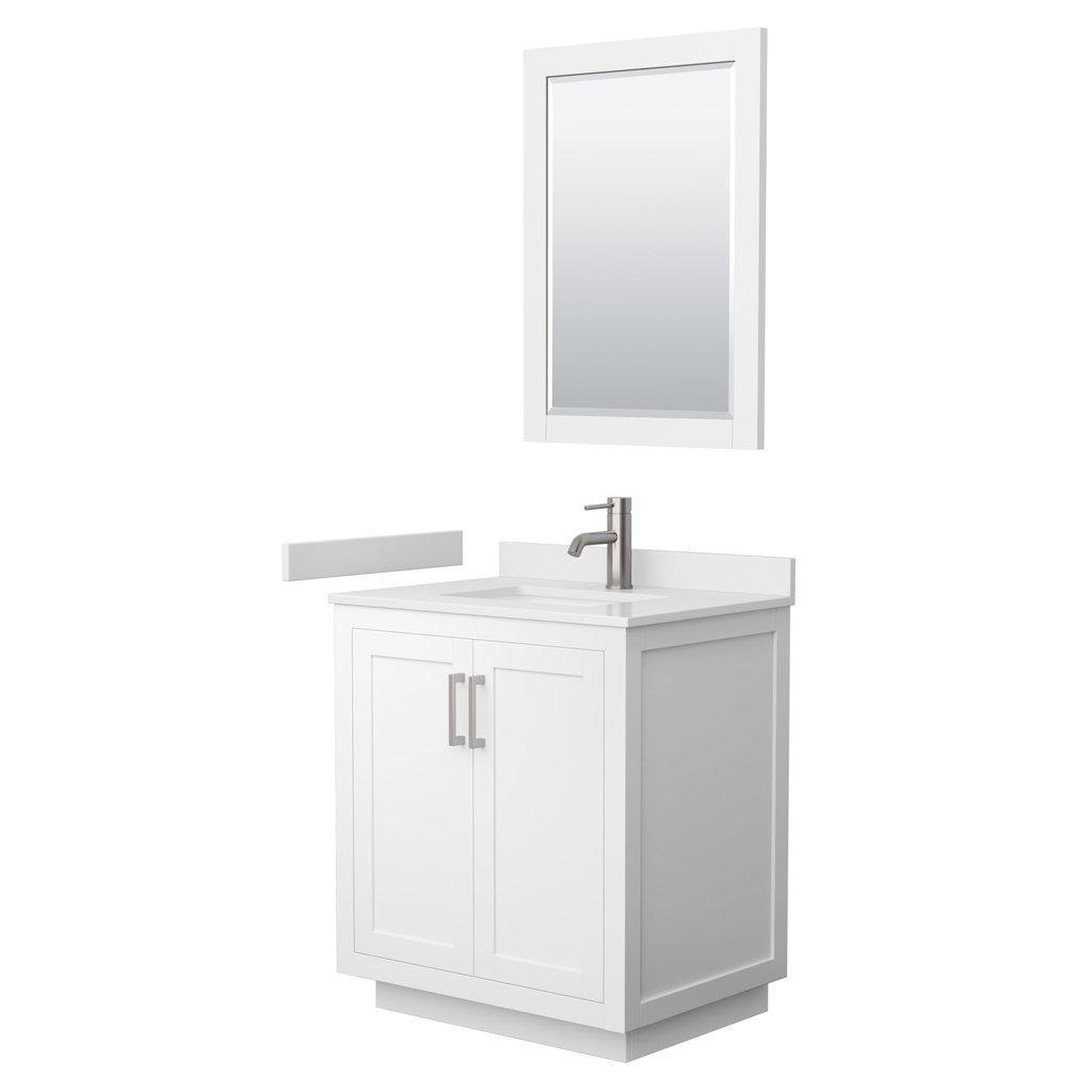 Wyndham Collection, Wyndham Collection Miranda 30" Single Bathroom White Vanity Set With White Cultured Marble Countertop, Undermount Square Sink, 24" Mirror And Brushed Nickel Trim