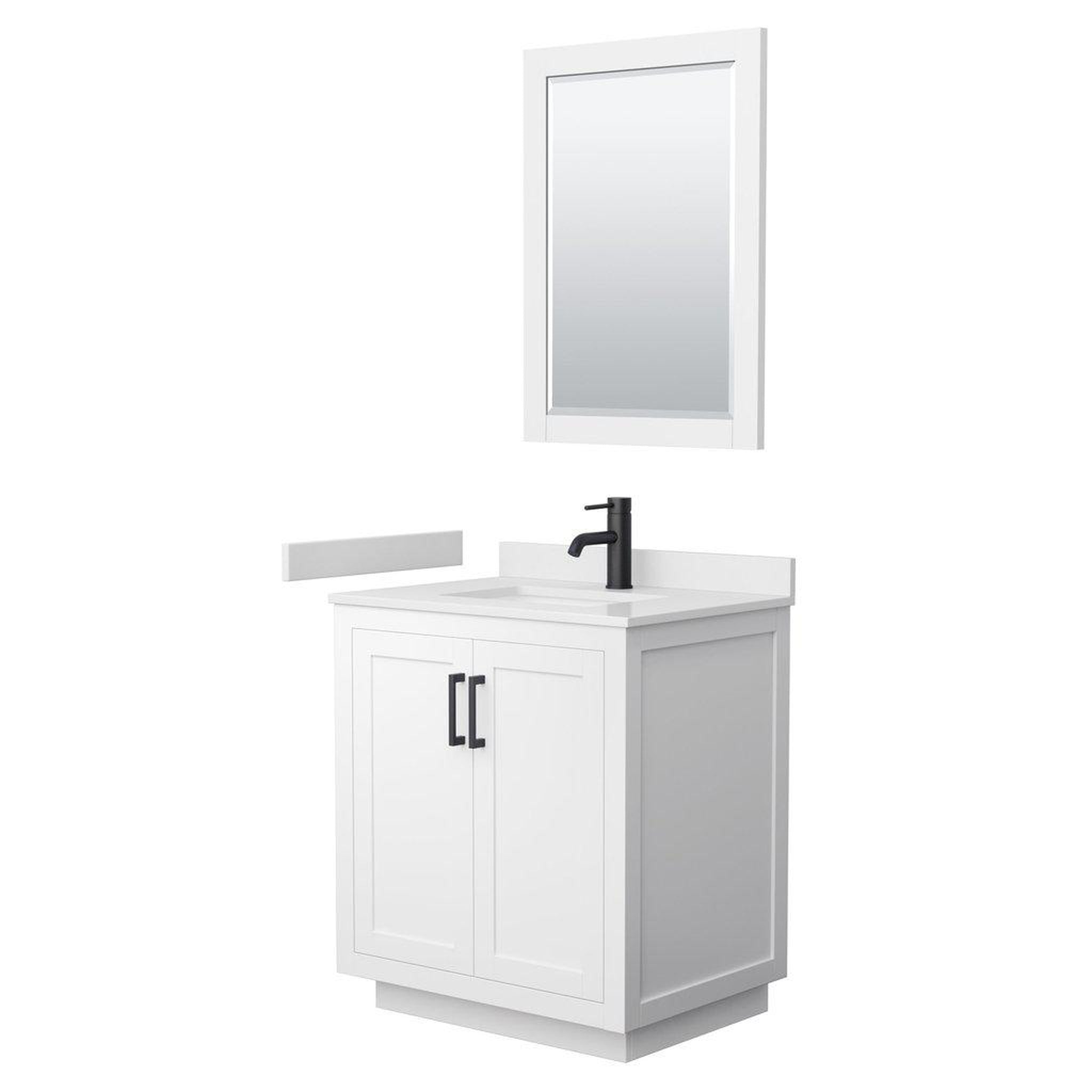 Wyndham Collection, Wyndham Collection Miranda 30" Single Bathroom White Vanity Set With White Cultured Marble Countertop, Undermount Square Sink, 24" Mirror And Matte Black Trim