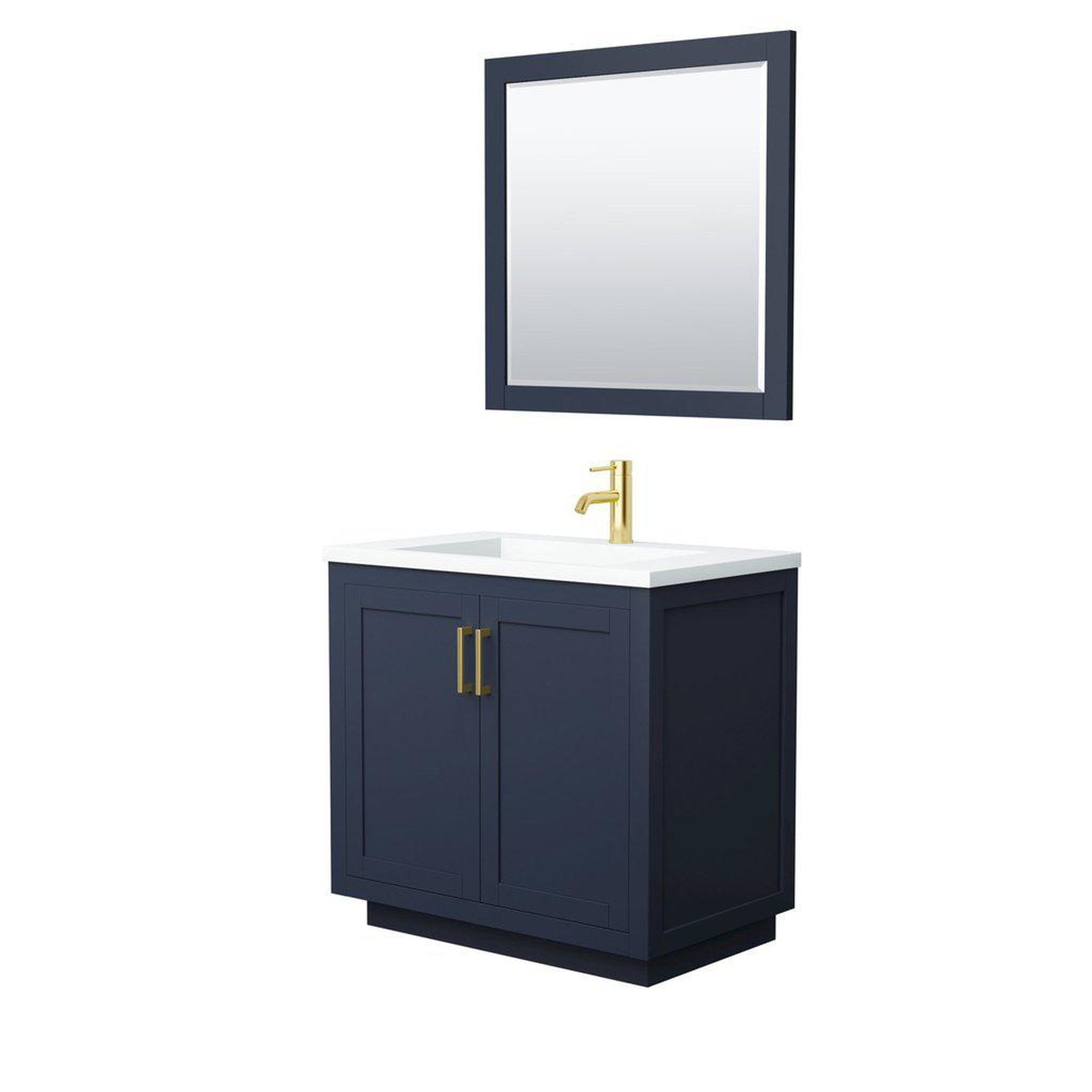 Wyndham Collection, Wyndham Collection Miranda 36" Single Bathroom Dark Blue Vanity Set With 1.25" Thick Matte White Solid Surface Countertop, Integrated Sink, 34" Mirror And Brushed Gold Trim