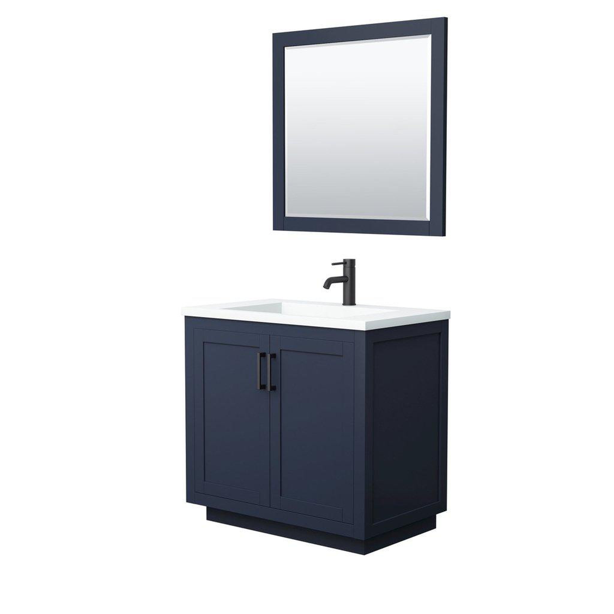 Wyndham Collection, Wyndham Collection Miranda 36" Single Bathroom Dark Blue Vanity Set With 1.25" Thick Matte White Solid Surface Countertop, Integrated Sink, 34" Mirror And Matte Black Trim